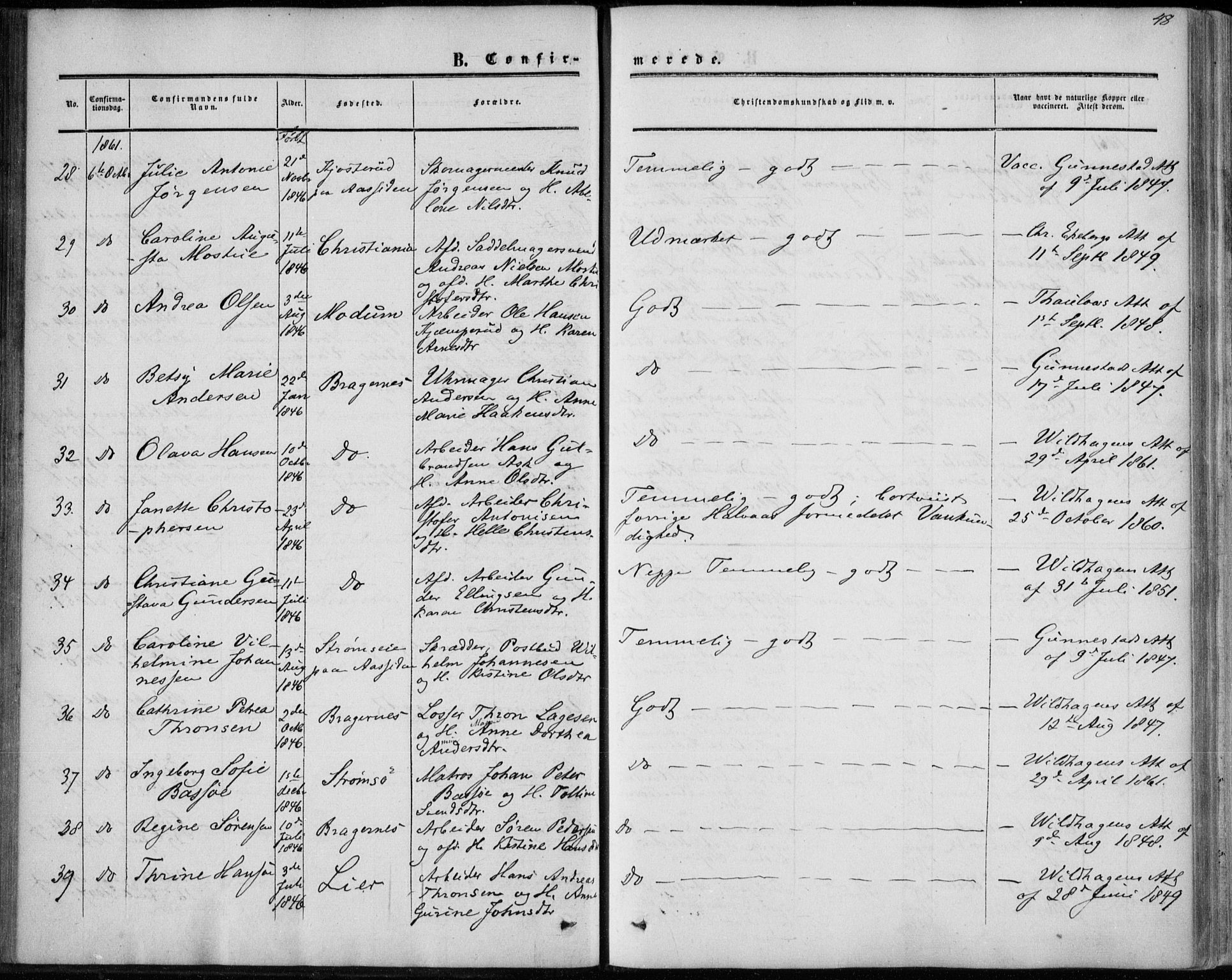 Bragernes kirkebøker, AV/SAKO-A-6/F/Fc/L0002: Parish register (official) no. III 2, 1854-1865, p. 48