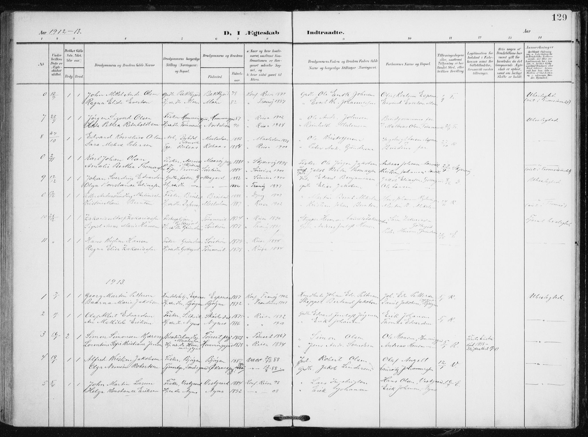 Tranøy sokneprestkontor, SATØ/S-1313/I/Ia/Iaa/L0012kirke: Parish register (official) no. 12, 1905-1918, p. 129