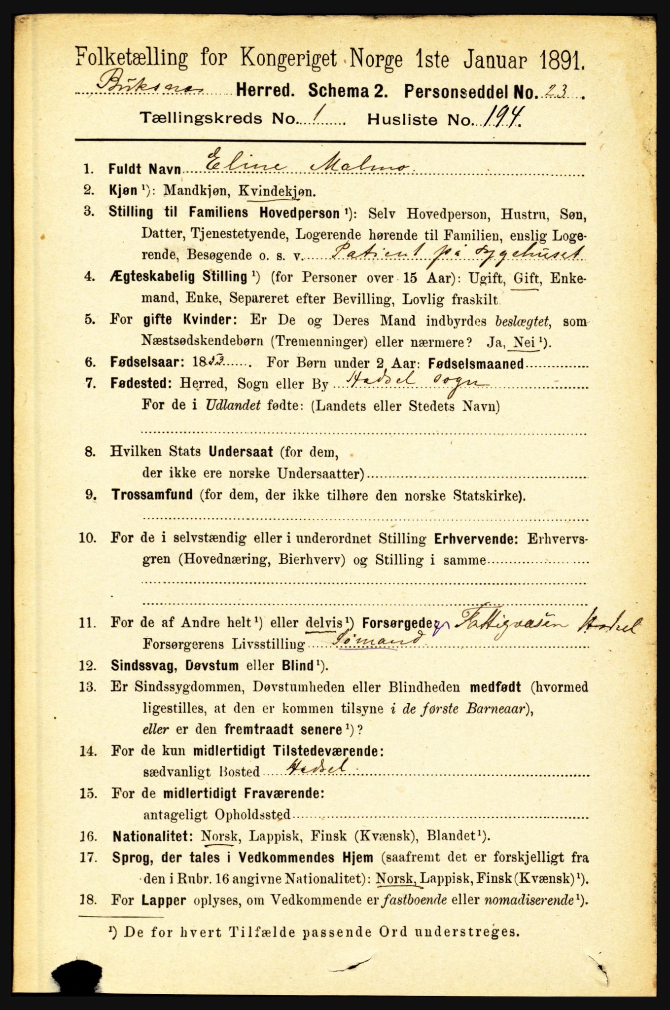 RA, 1891 census for 1860 Buksnes, 1891, p. 1506