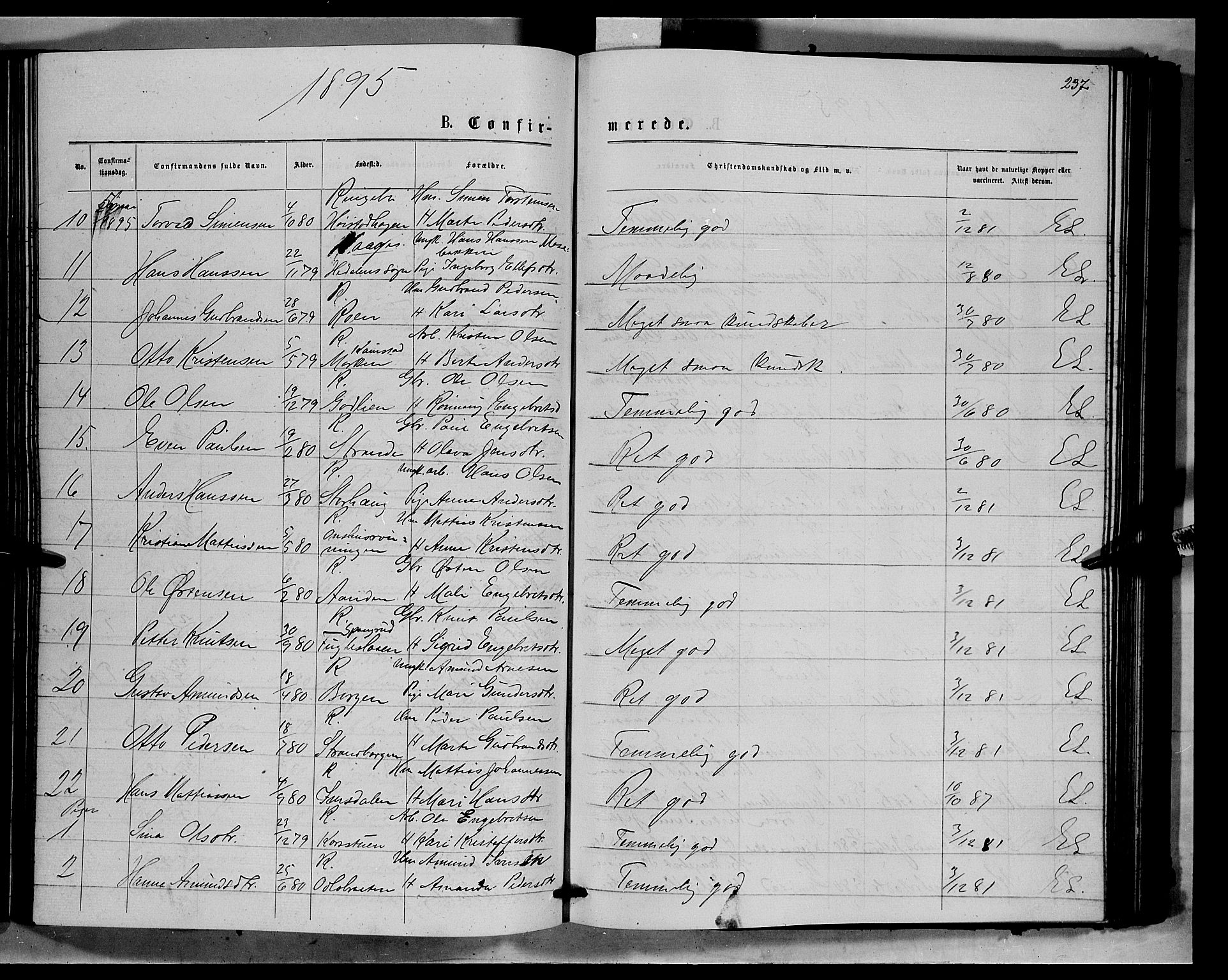 Ringebu prestekontor, SAH/PREST-082/H/Ha/Hab/L0006: Parish register (copy) no. 6, 1880-1898, p. 237