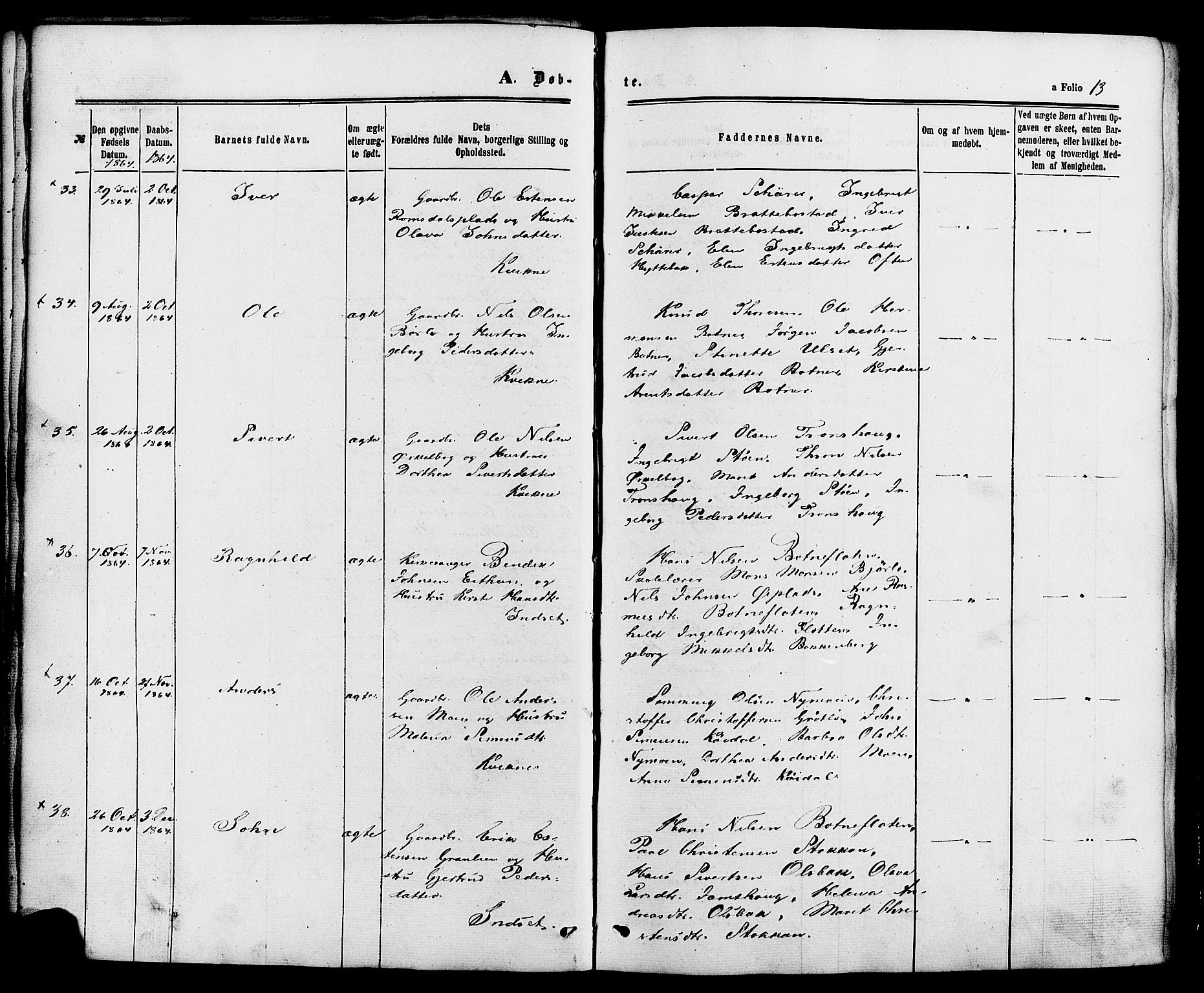 Kvikne prestekontor, SAH/PREST-064/H/Ha/Haa/L0006: Parish register (official) no. 6, 1863-1886, p. 13