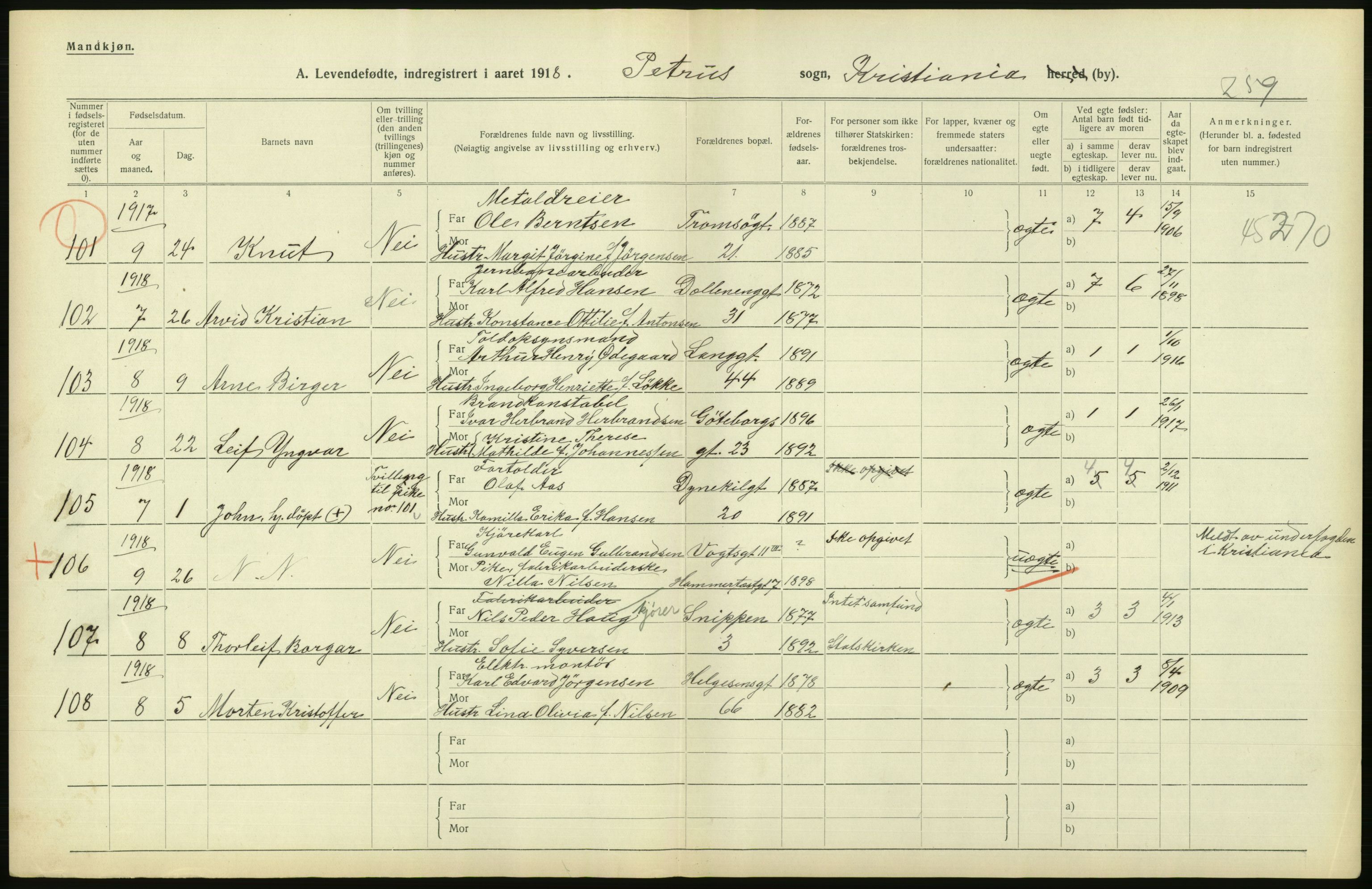 Statistisk sentralbyrå, Sosiodemografiske emner, Befolkning, AV/RA-S-2228/D/Df/Dfb/Dfbh/L0008: Kristiania: Levendefødte menn og kvinner., 1918, p. 610