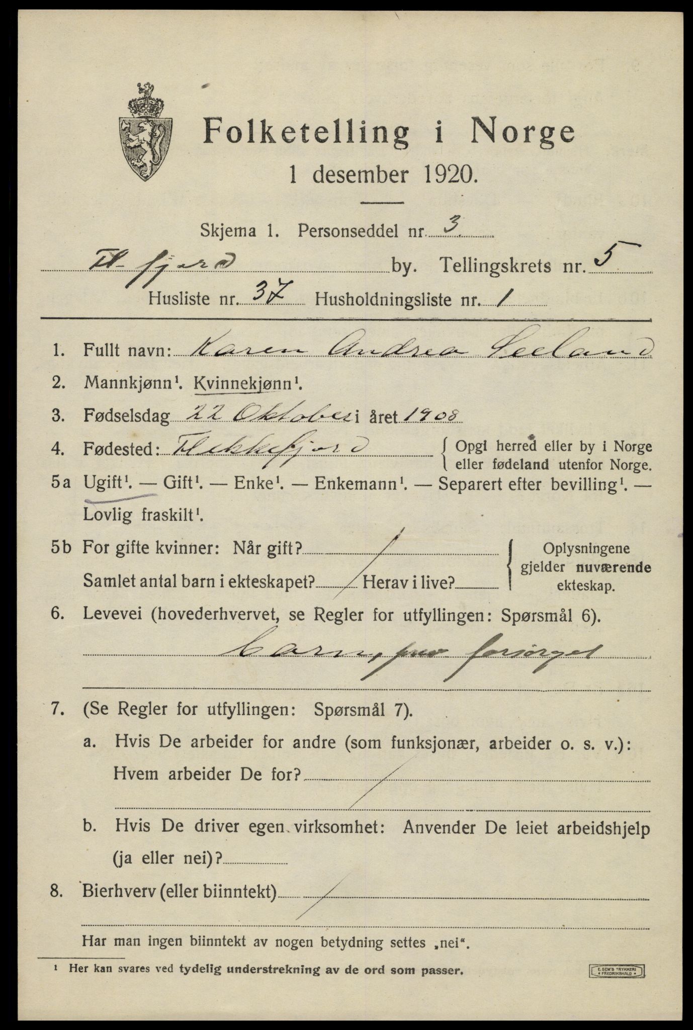 SAK, 1920 census for Flekkefjord, 1920, p. 5748