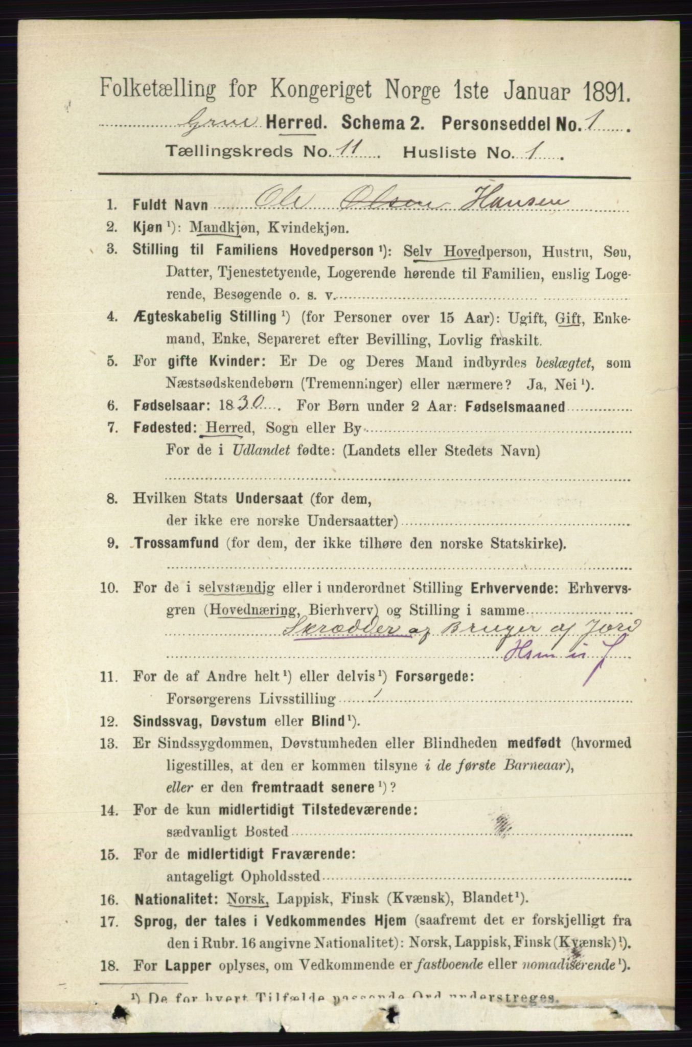 RA, 1891 census for 0423 Grue, 1891, p. 5857