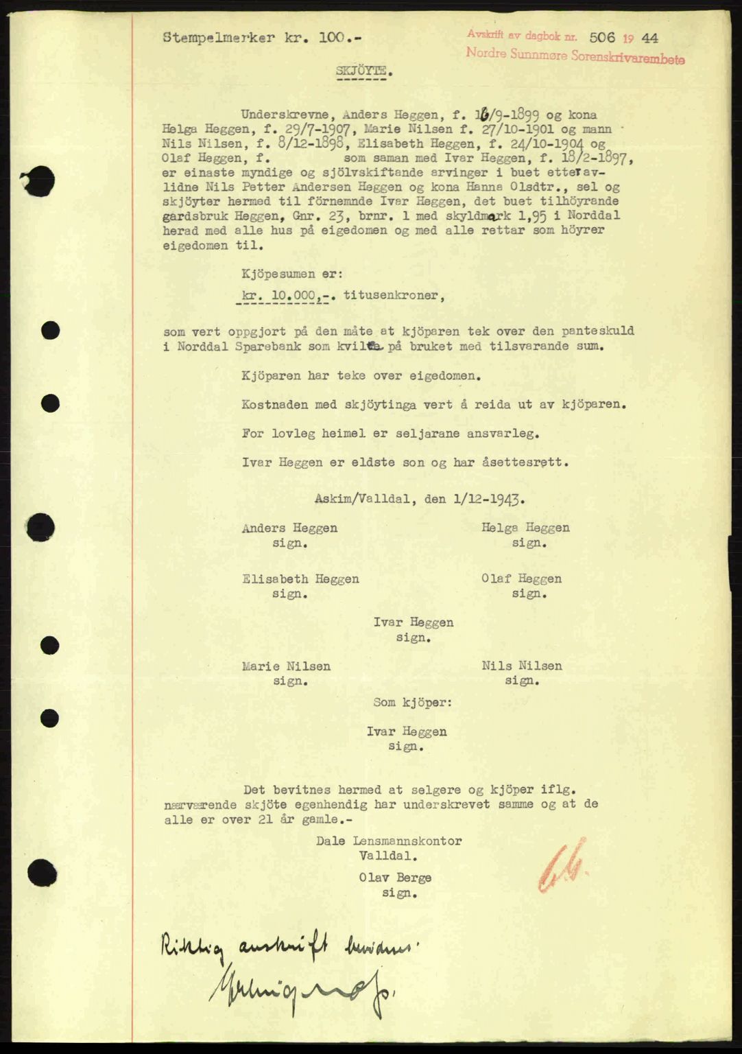 Nordre Sunnmøre sorenskriveri, AV/SAT-A-0006/1/2/2C/2Ca: Mortgage book no. A17, 1943-1944, Diary no: : 506/1944