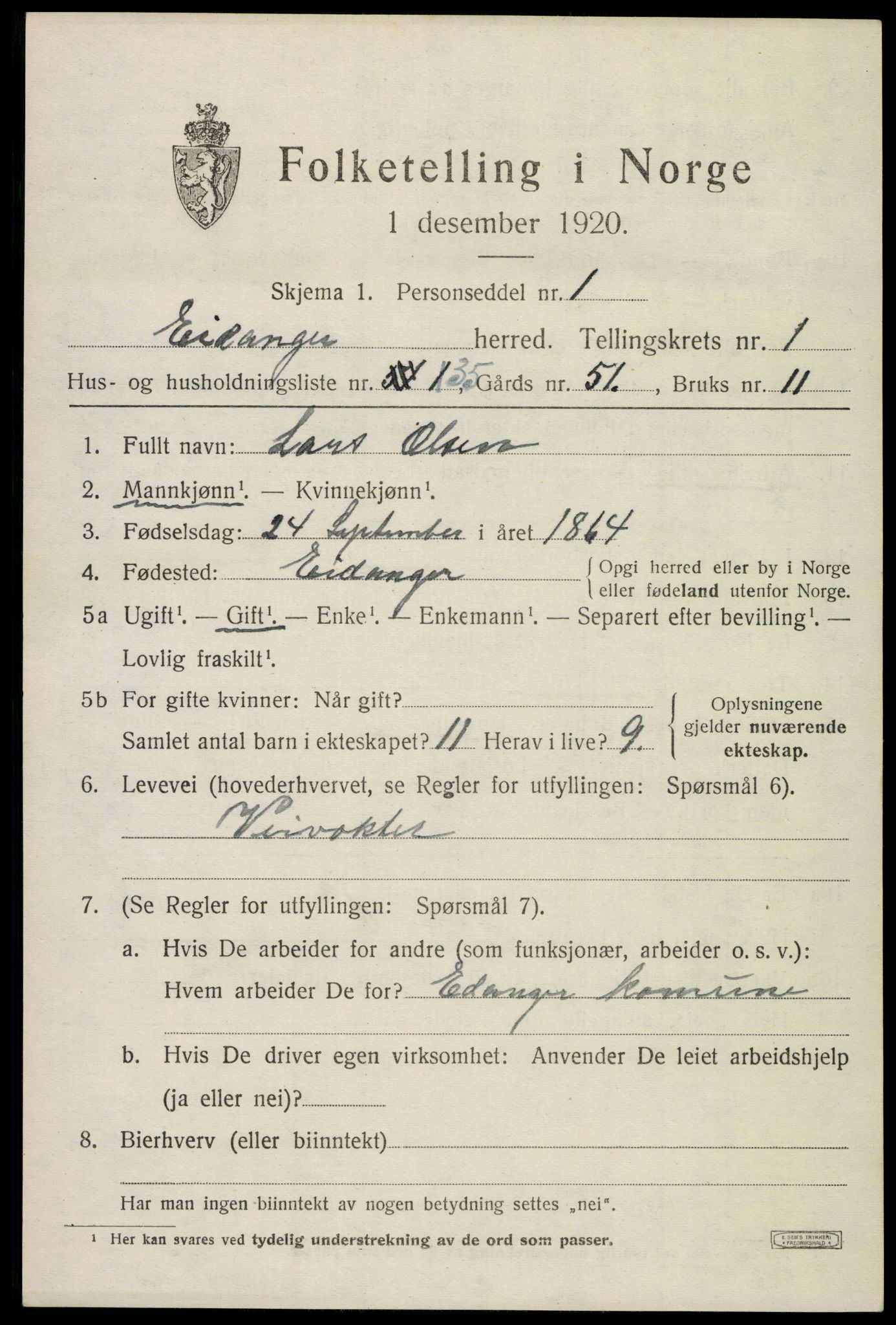 SAKO, 1920 census for Eidanger, 1920, p. 2016