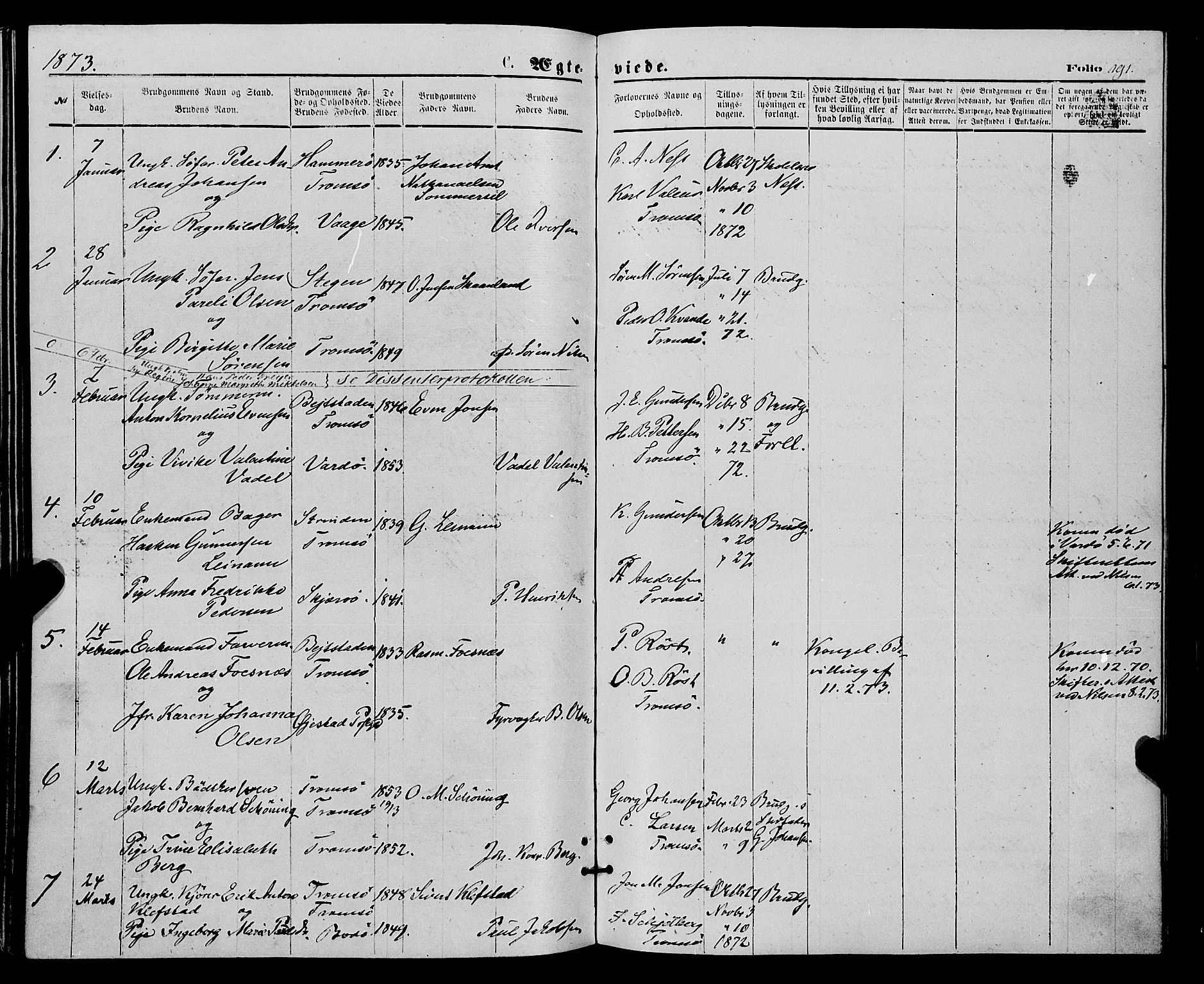Tromsø sokneprestkontor/stiftsprosti/domprosti, SATØ/S-1343/G/Ga/L0013kirke: Parish register (official) no. 13, 1872-1877, p. 191