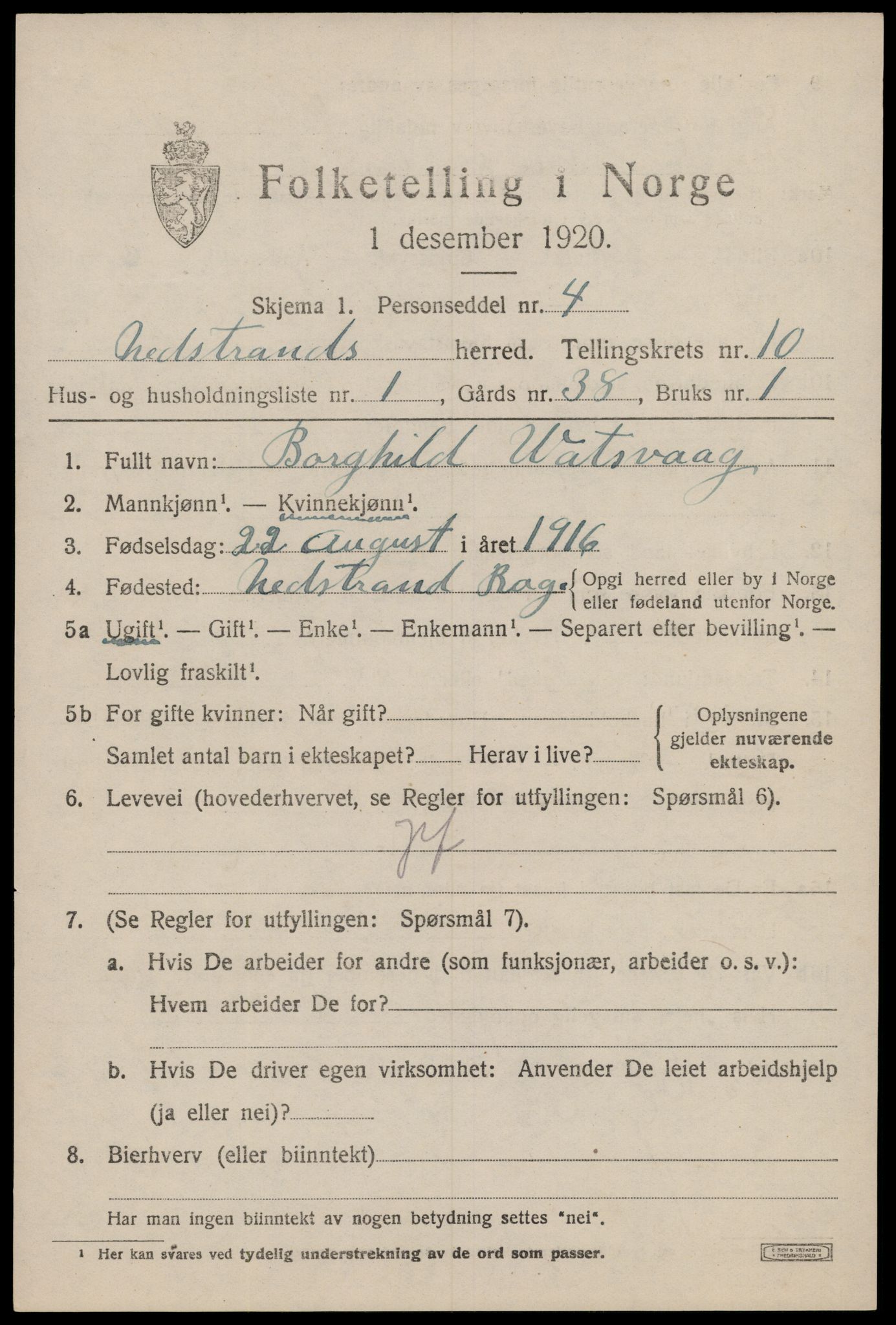 SAST, 1920 census for Nedstrand, 1920, p. 3349