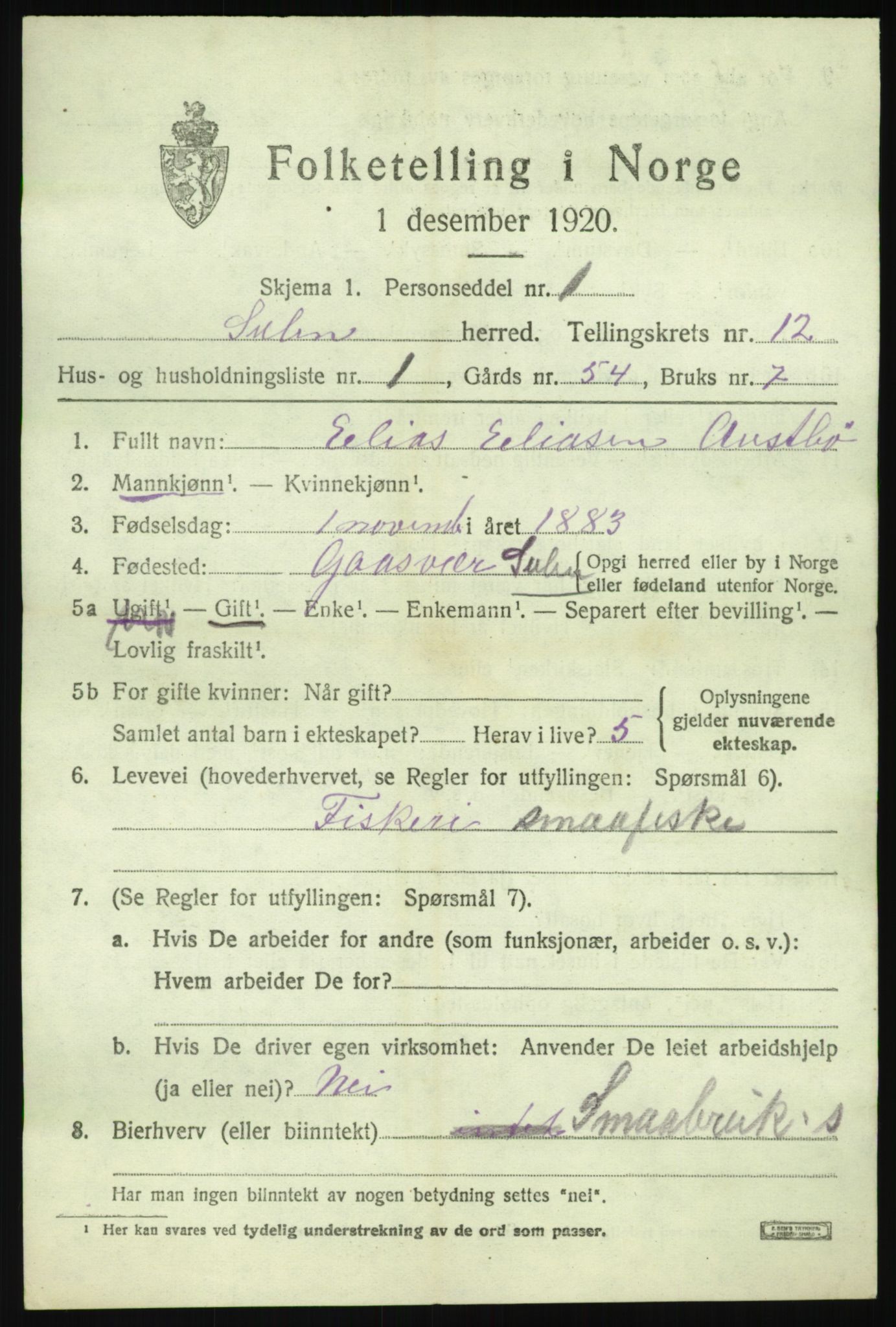 SAB, 1920 census for Solund, 1920, p. 4080