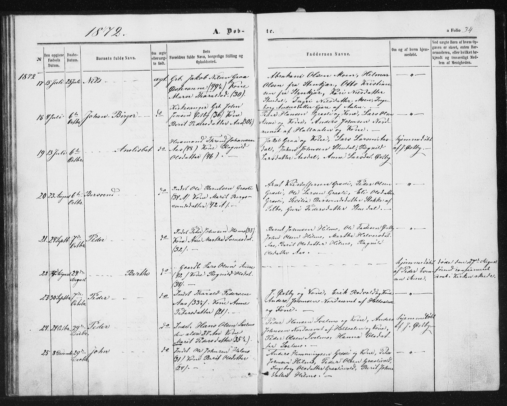 Ministerialprotokoller, klokkerbøker og fødselsregistre - Sør-Trøndelag, SAT/A-1456/698/L1166: Parish register (copy) no. 698C03, 1861-1887, p. 34