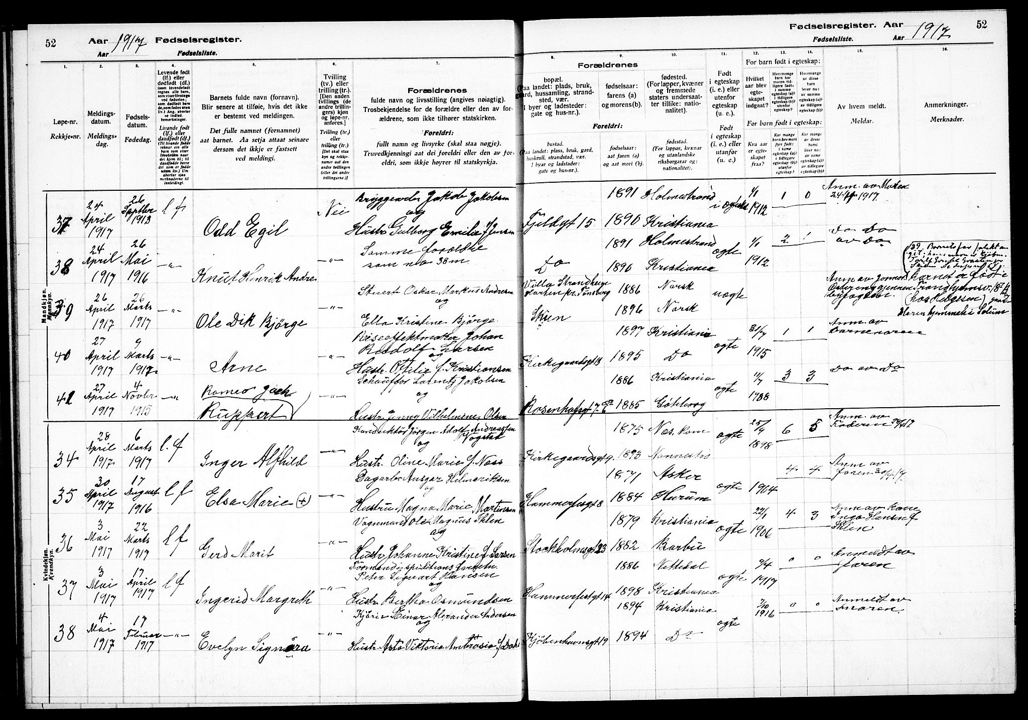 Petrus prestekontor Kirkebøker, AV/SAO-A-10872/J/Ja/L0001: Birth register no. 1, 1916-1922, p. 52