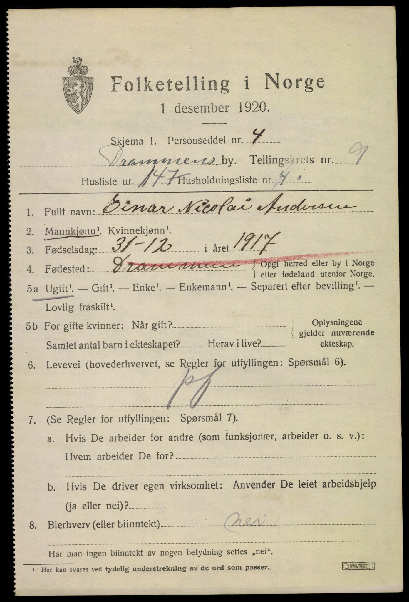 SAKO, 1920 census for Drammen, 1920, p. 62197