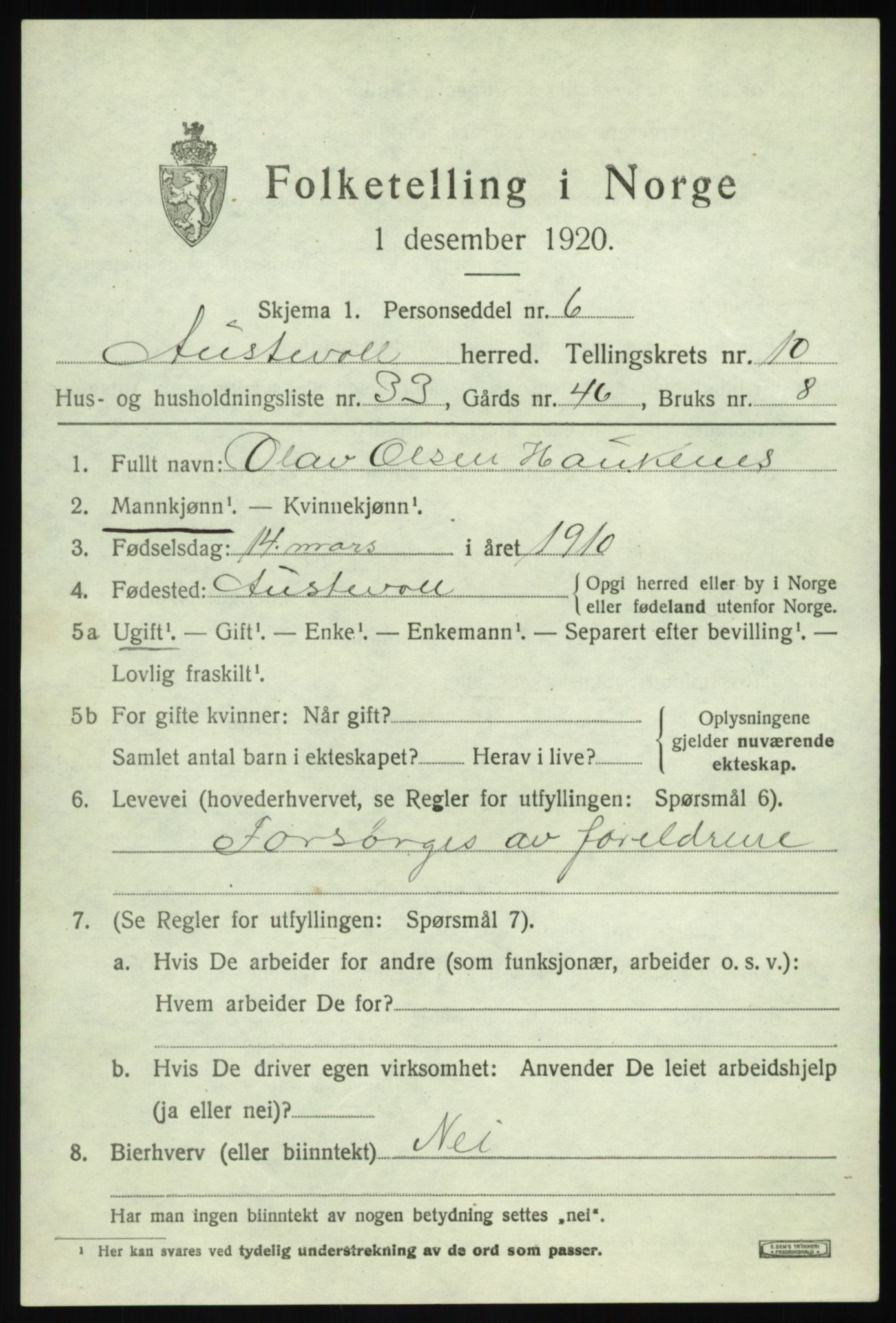 SAB, 1920 census for Austevoll, 1920, p. 6022