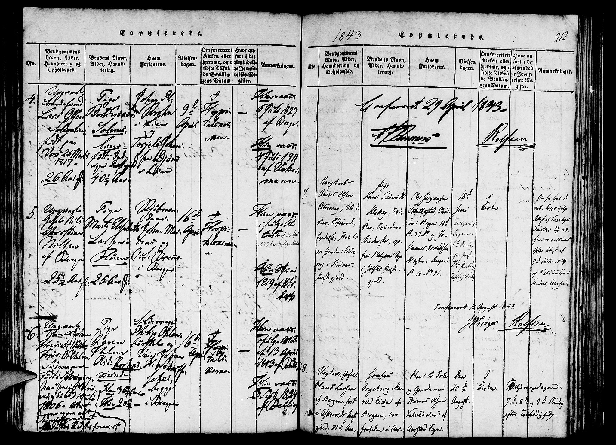 St. Jørgens hospital og Årstad sokneprestembete, AV/SAB-A-99934: Parish register (official) no. A 3, 1815-1843, p. 212