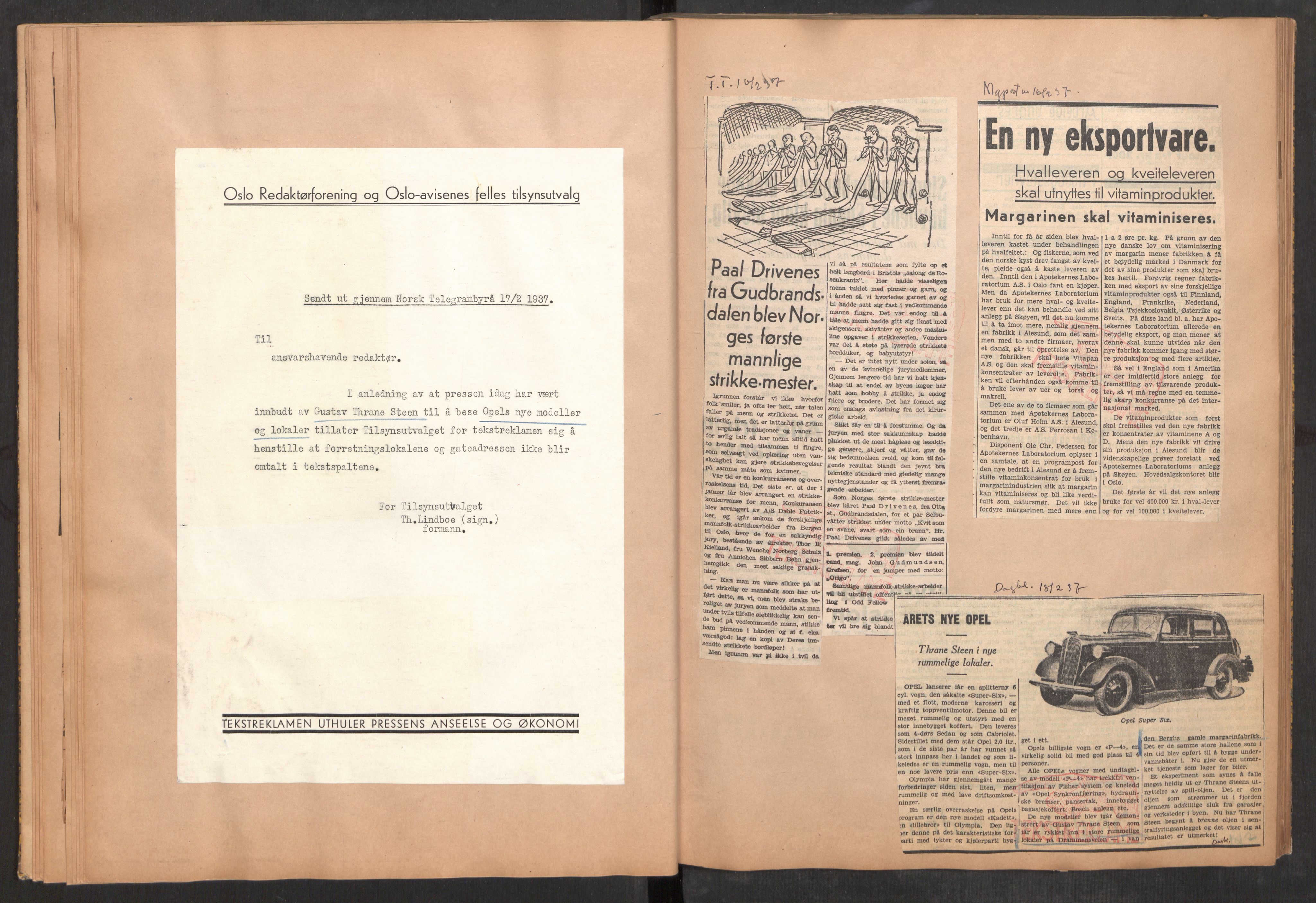 Tekstreklameutvalget, AV/RA-PA-0854/A/Aa/L0009: Meldinger til avisene, avisutklipp stemplet med den røde hånd, 1936-1938