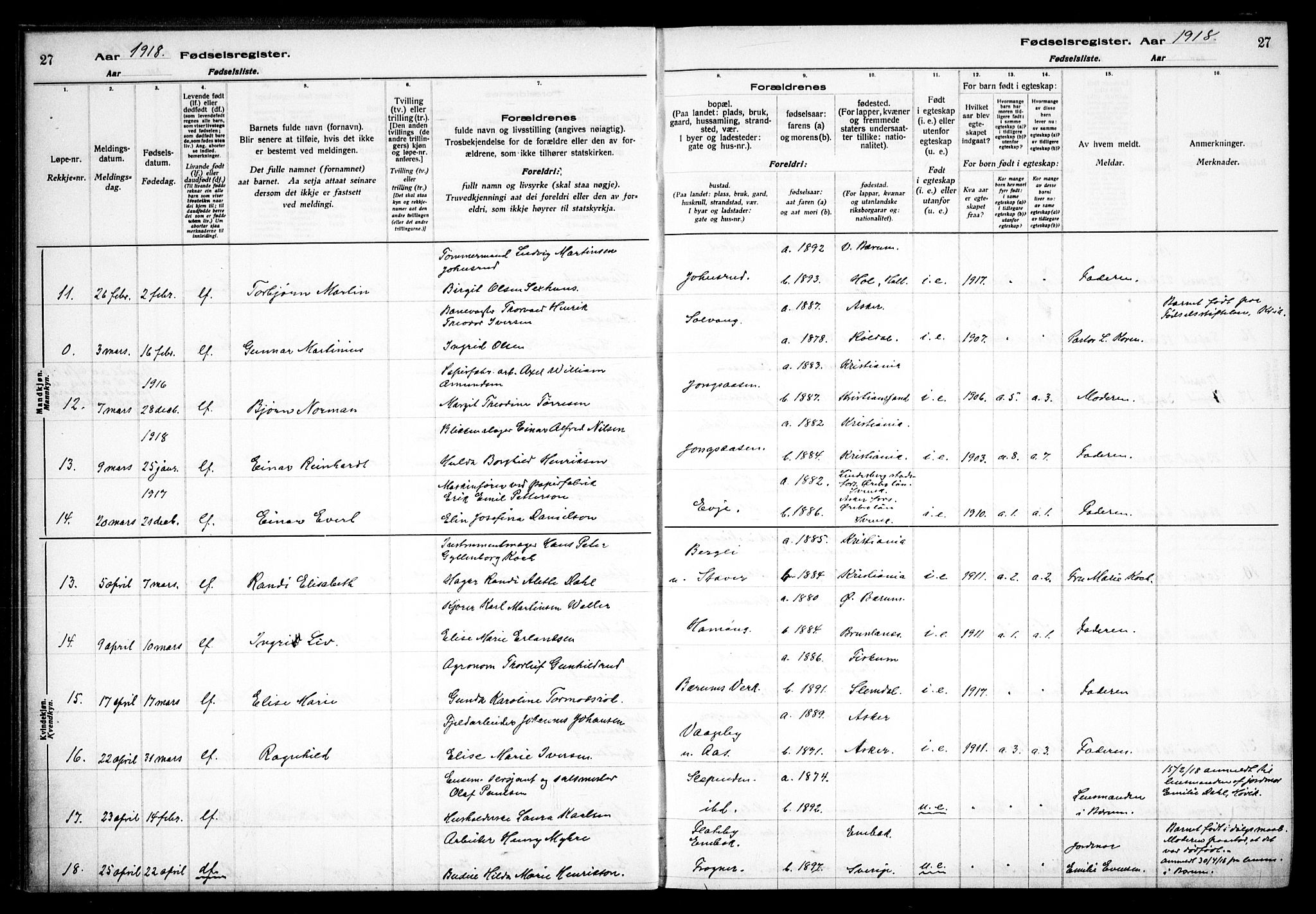 Vestre Bærum prestekontor Kirkebøker, AV/SAO-A-10209a/J/L0001: Birth register no. 1, 1916-1926, p. 27