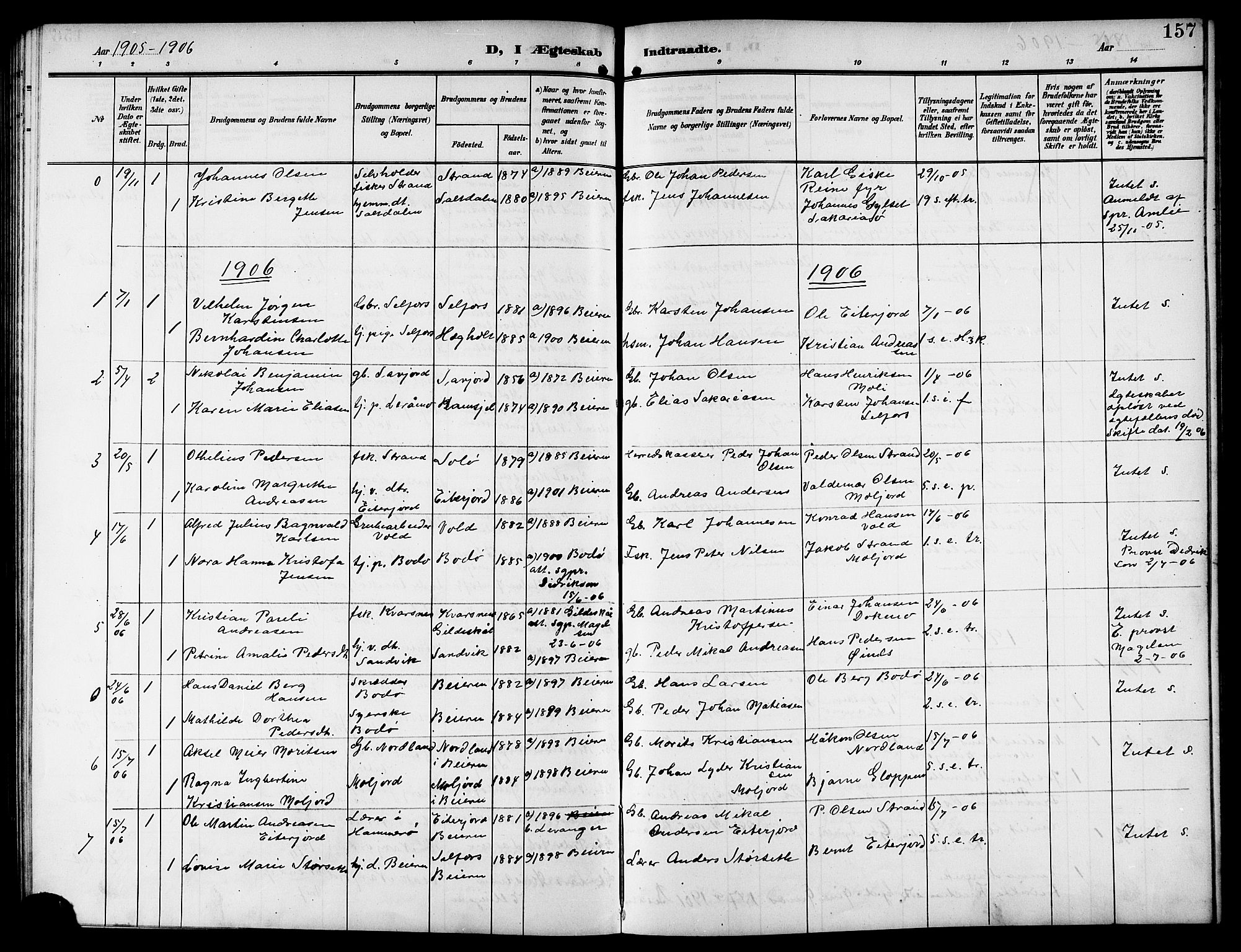 Ministerialprotokoller, klokkerbøker og fødselsregistre - Nordland, SAT/A-1459/846/L0655: Parish register (copy) no. 846C05, 1902-1916, p. 157