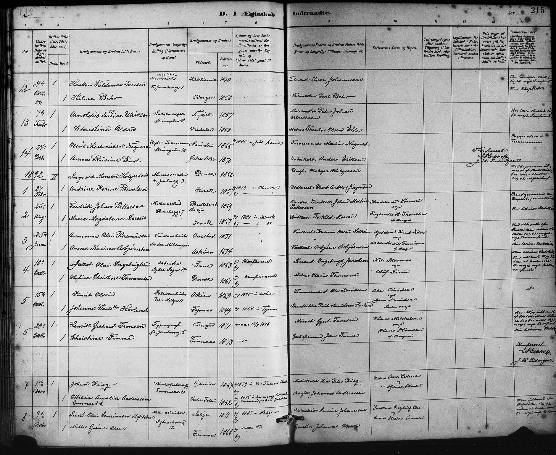 Johanneskirken sokneprestembete, SAB/A-76001/H/Hab: Parish register (copy) no. C 1, 1885-1912, p. 215