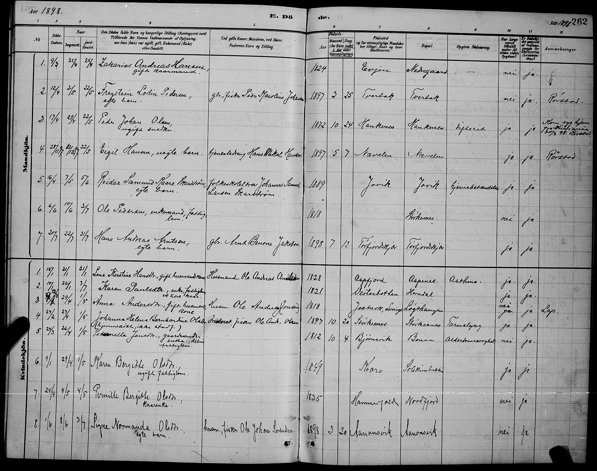 Ministerialprotokoller, klokkerbøker og fødselsregistre - Nordland, AV/SAT-A-1459/853/L0772: Parish register (official) no. 853A11, 1881-1900, p. 262