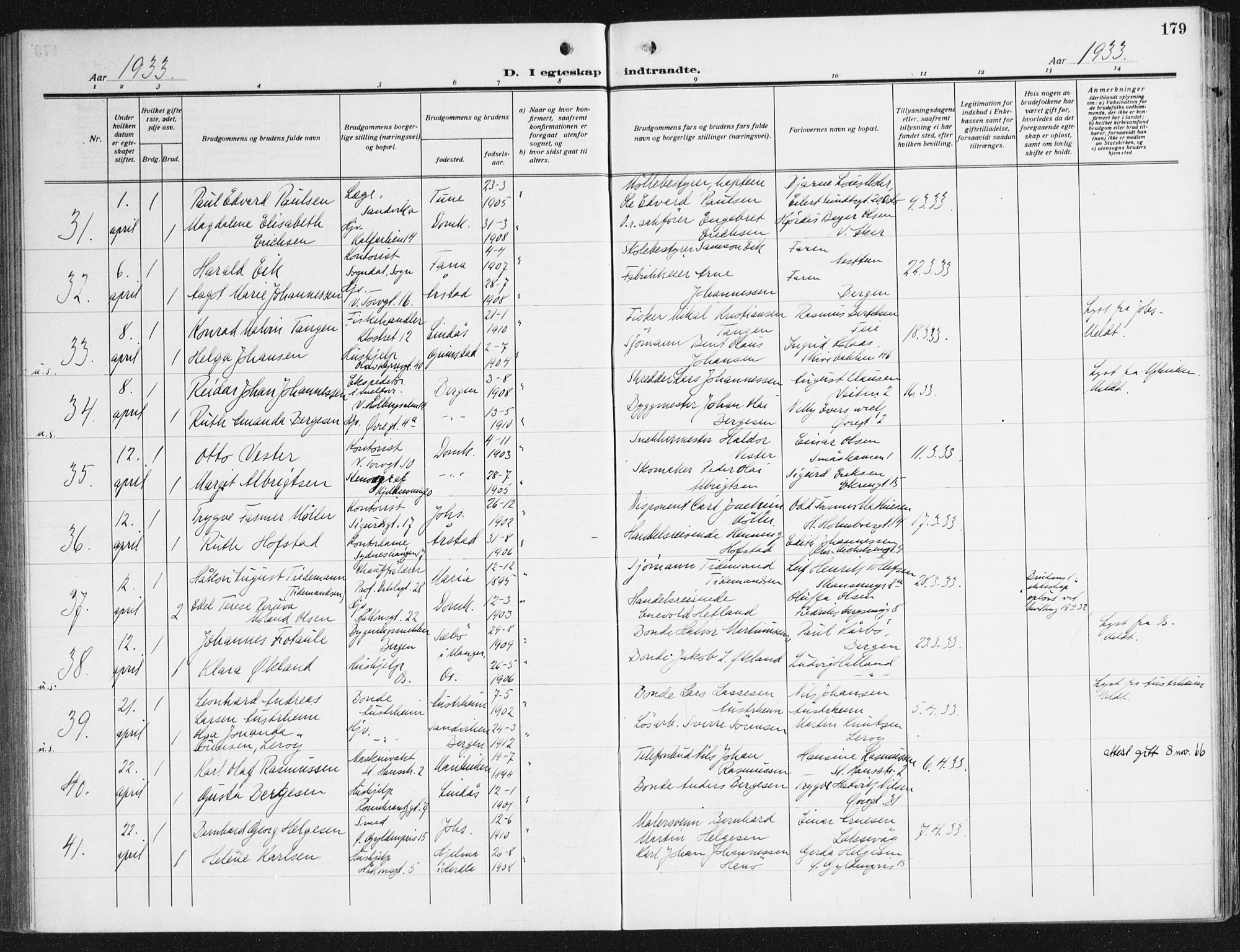 Domkirken sokneprestembete, SAB/A-74801/H/Haa/L0039: Parish register (official) no. D 6, 1921-1937, p. 179
