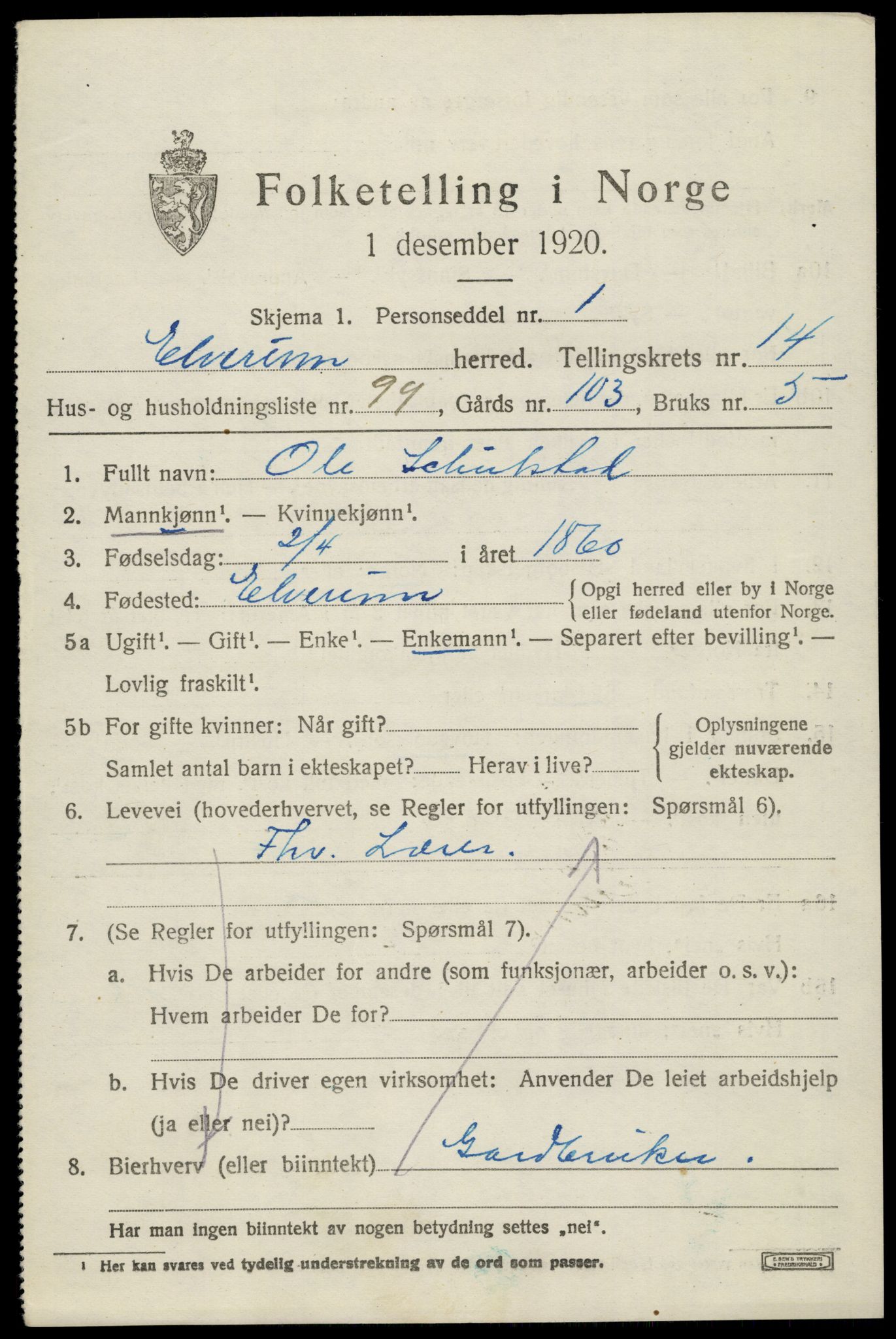 SAH, 1920 census for Elverum, 1920, p. 19250