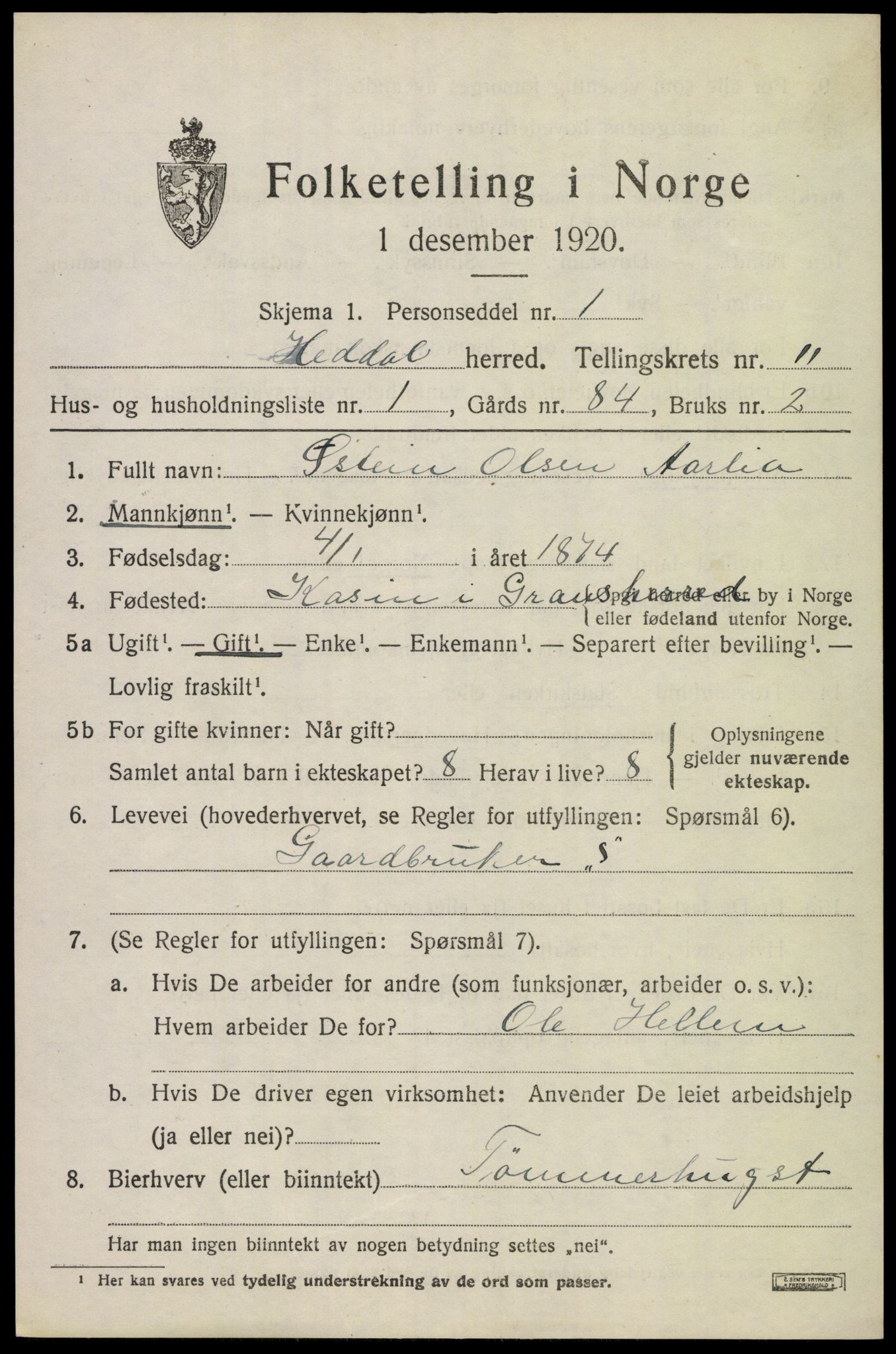 SAKO, 1920 census for Heddal, 1920, p. 7738