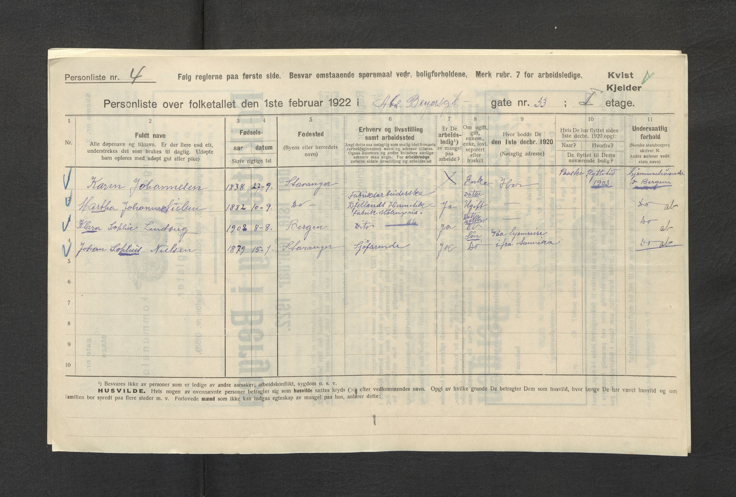 SAB, Municipal Census 1922 for Bergen, 1922, p. 618