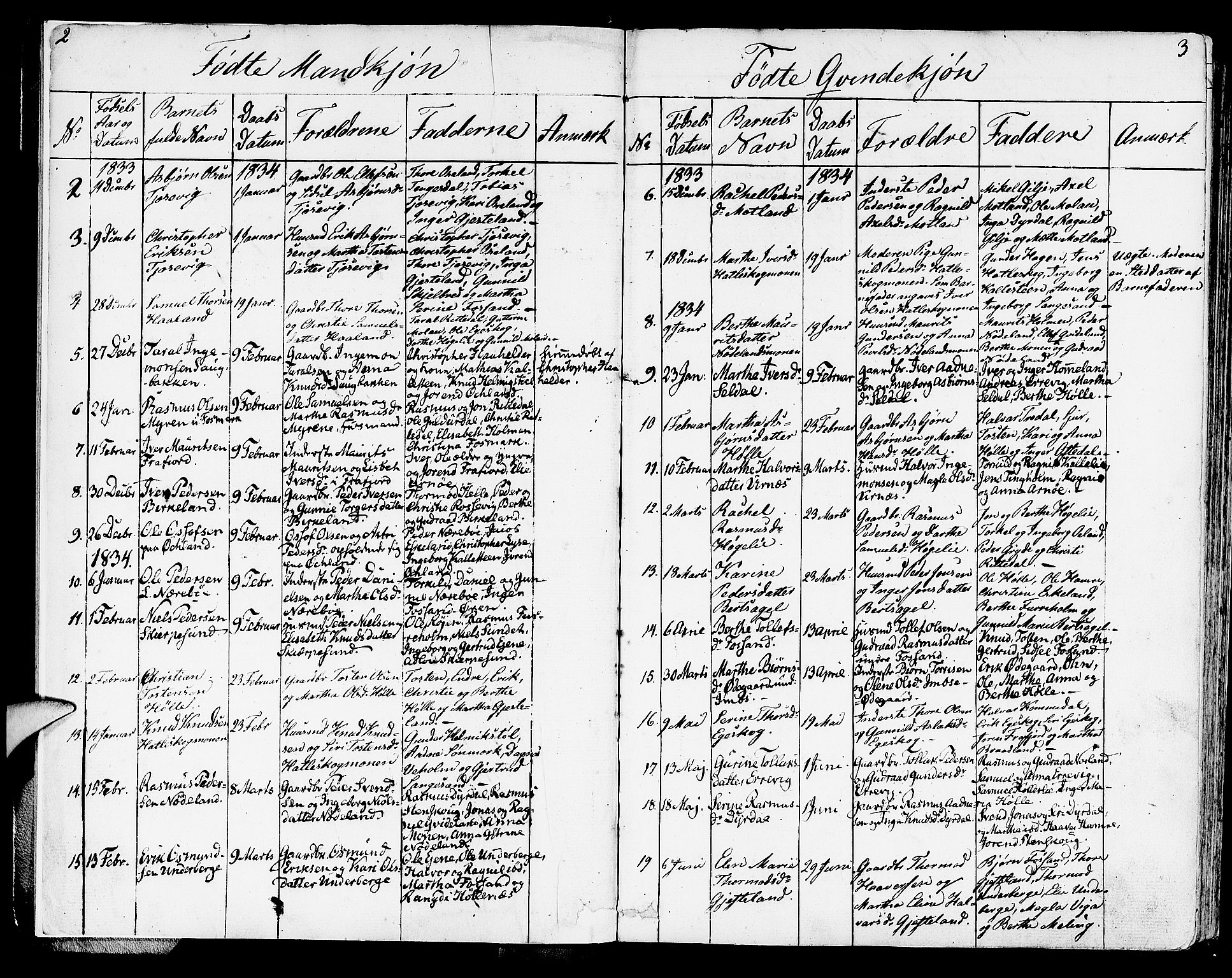 Strand sokneprestkontor, SAST/A-101828/H/Ha/Haa/L0005: Parish register (official) no. A 5, 1833-1854, p. 2-3
