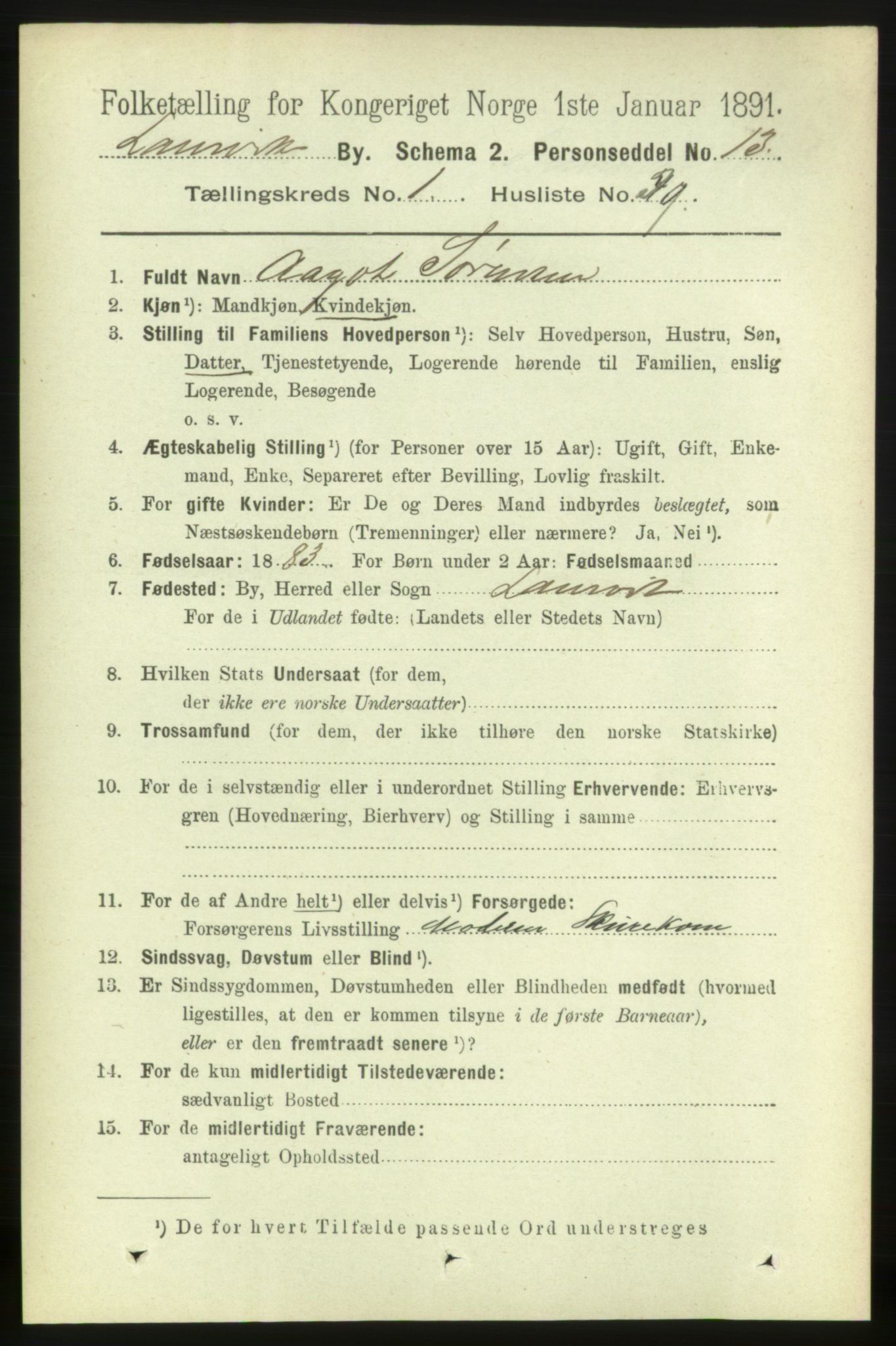 RA, 1891 census for 0707 Larvik, 1891, p. 2731