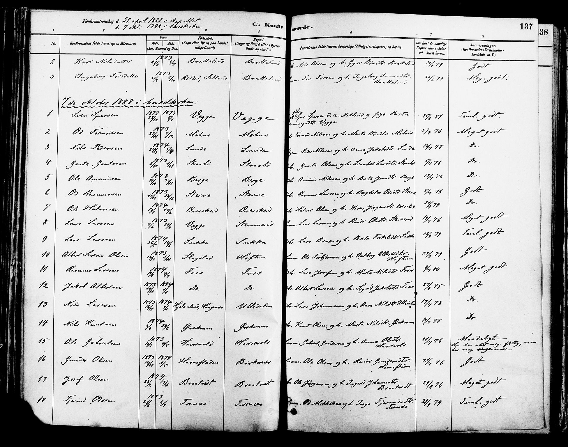 Suldal sokneprestkontor, AV/SAST-A-101845/01/IV/L0011: Parish register (official) no. A 11, 1878-1900, p. 137