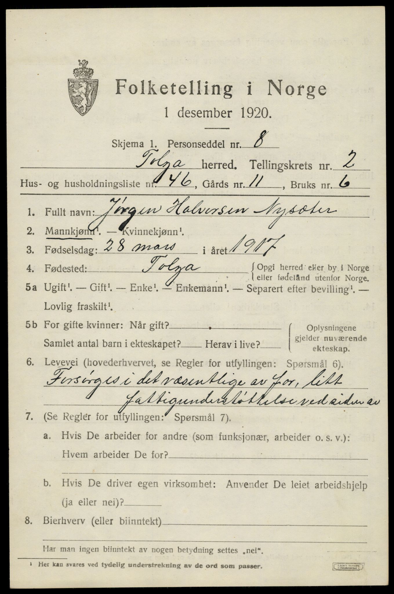 SAH, 1920 census for Tolga, 1920, p. 2221