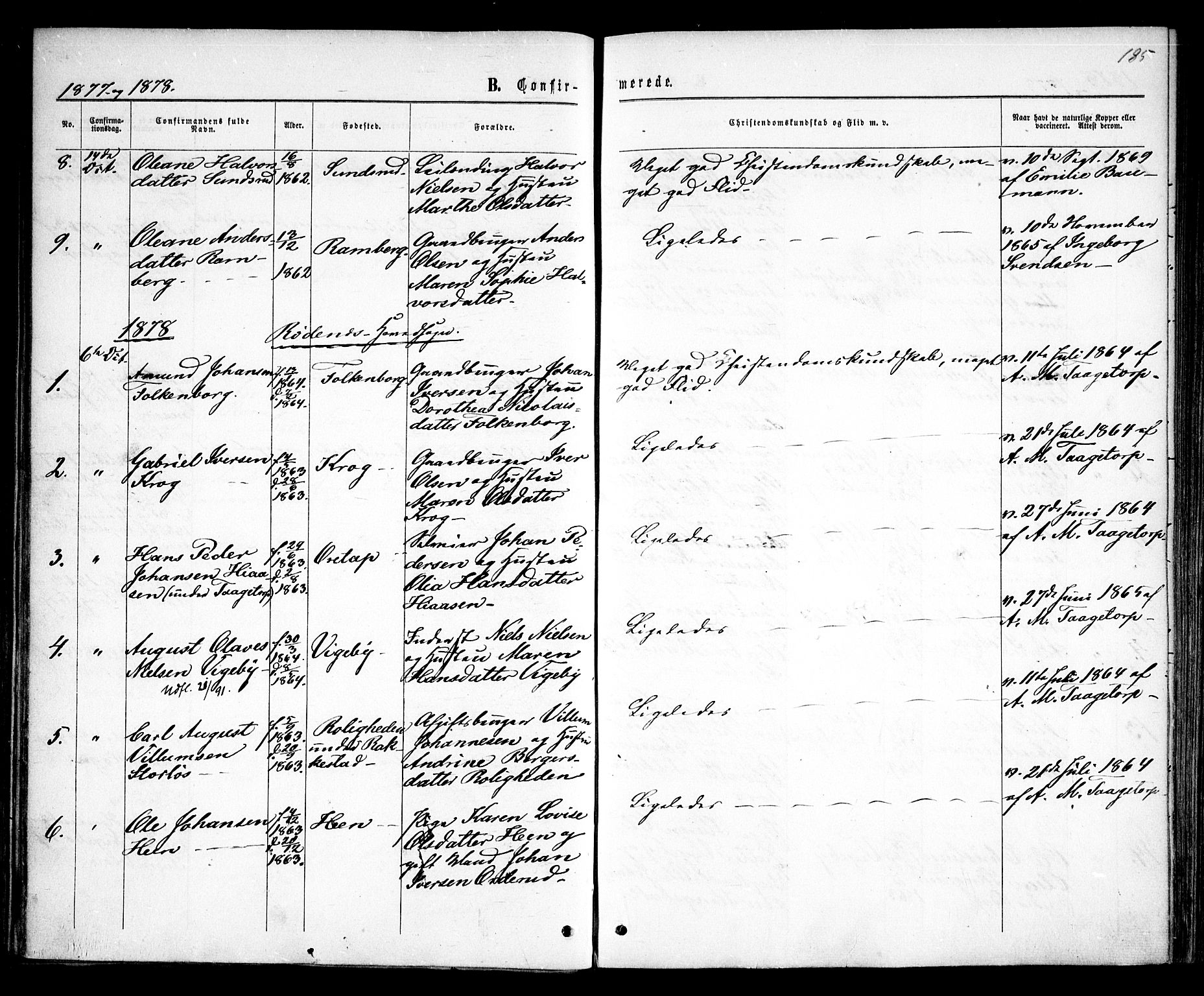 Rødenes prestekontor Kirkebøker, AV/SAO-A-2005/F/Fa/L0008: Parish register (official) no. I 8, 1869-1879, p. 185