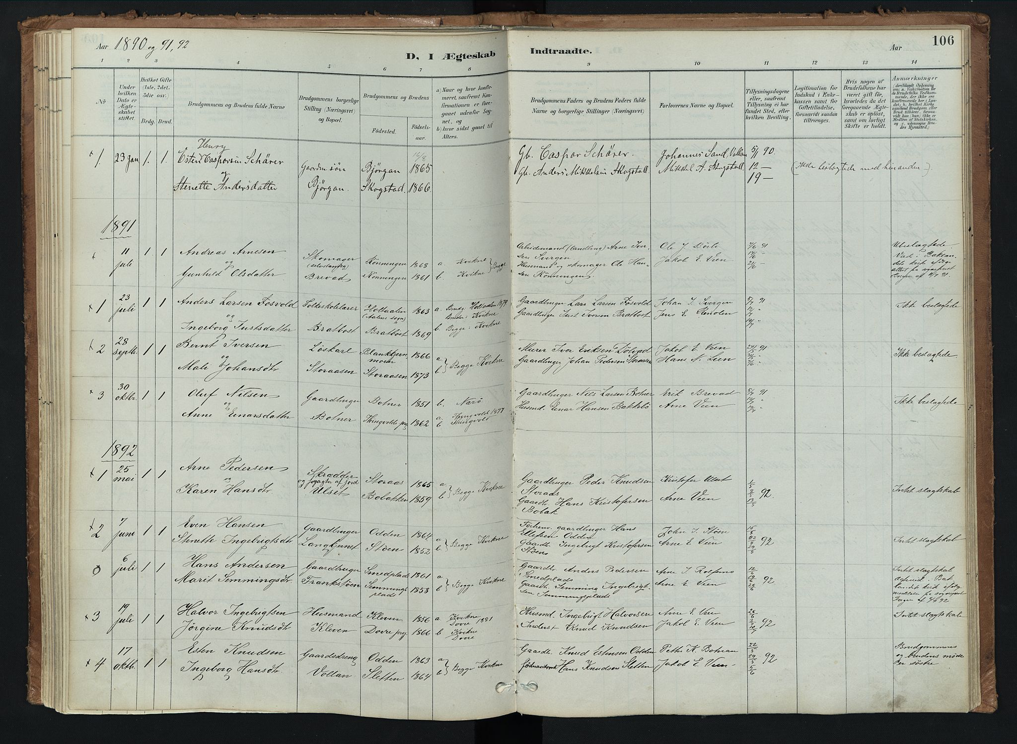 Kvikne prestekontor, AV/SAH-PREST-064/H/Ha/Haa/L0008: Parish register (official) no. 8, 1887-1911, p. 106