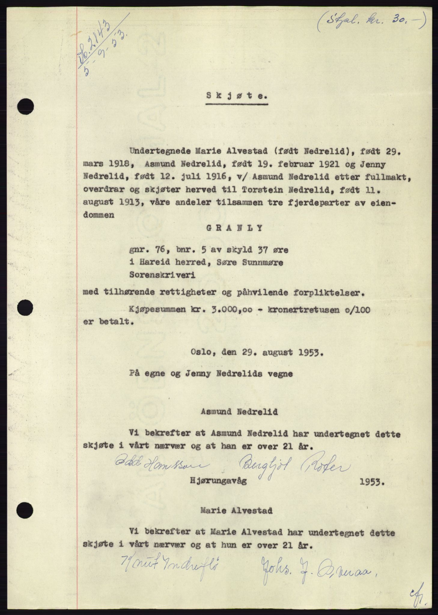 Søre Sunnmøre sorenskriveri, AV/SAT-A-4122/1/2/2C/L0095: Mortgage book no. 21A, 1953-1953, Diary no: : 2143/1953