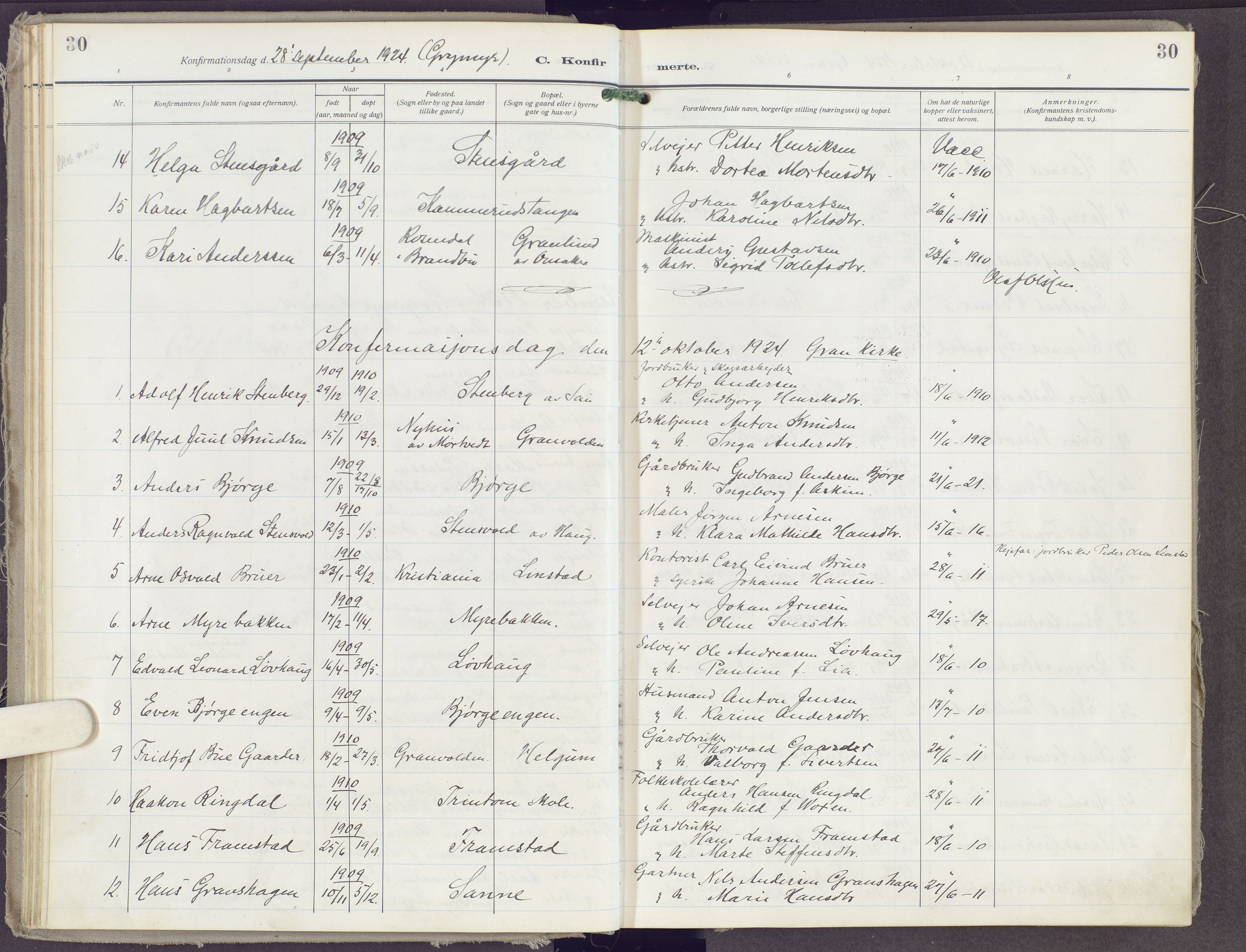 Gran prestekontor, SAH/PREST-112/H/Ha/Haa/L0023: Parish register (official) no. 23, 1919-1938, p. 30