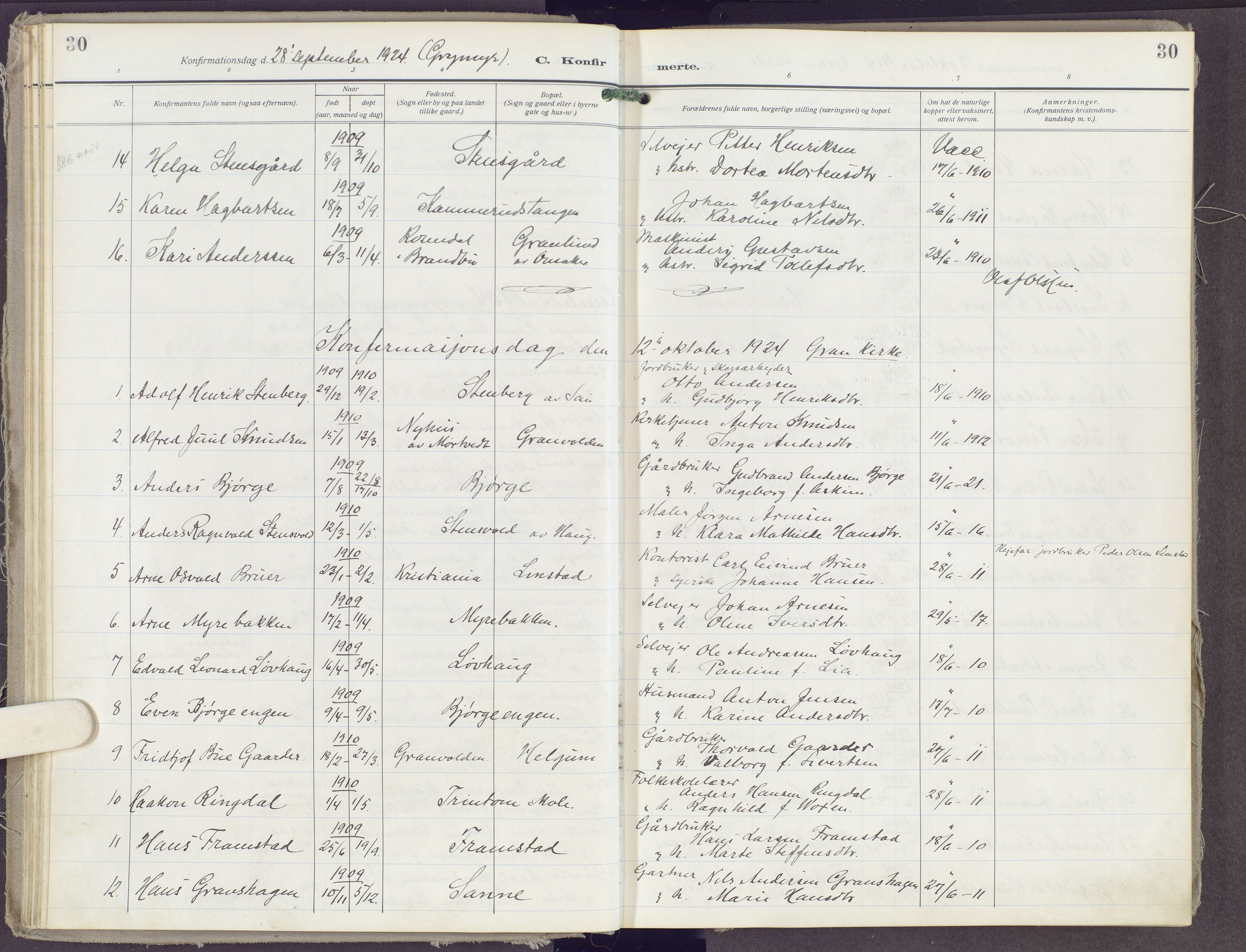 Gran prestekontor, AV/SAH-PREST-112/H/Ha/Haa/L0023: Parish register (official) no. 23, 1919-1938, p. 30