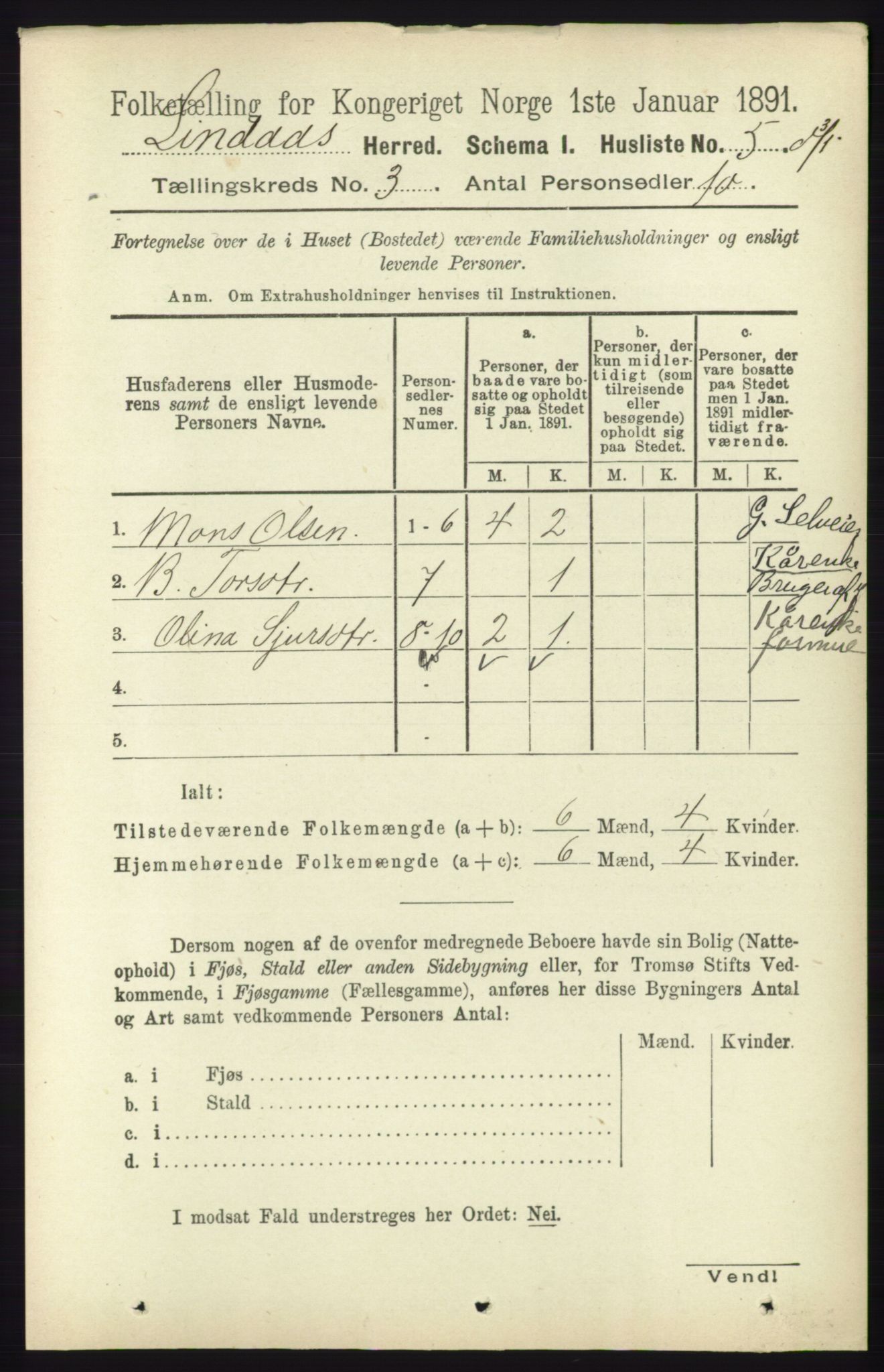 RA, 1891 census for 1263 Lindås, 1891, p. 761