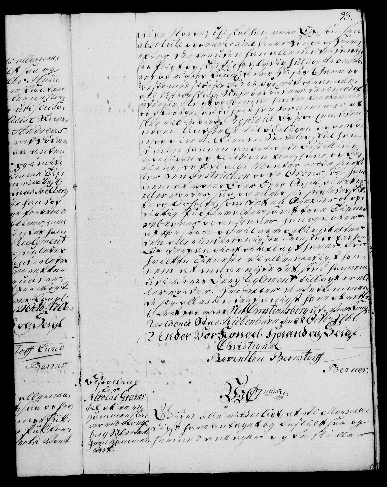 Rentekammeret, Kammerkanselliet, RA/EA-3111/G/Gg/Gge/L0004: Norsk bestallingsprotokoll med register (merket RK 53.28), 1762-1771, p. 93