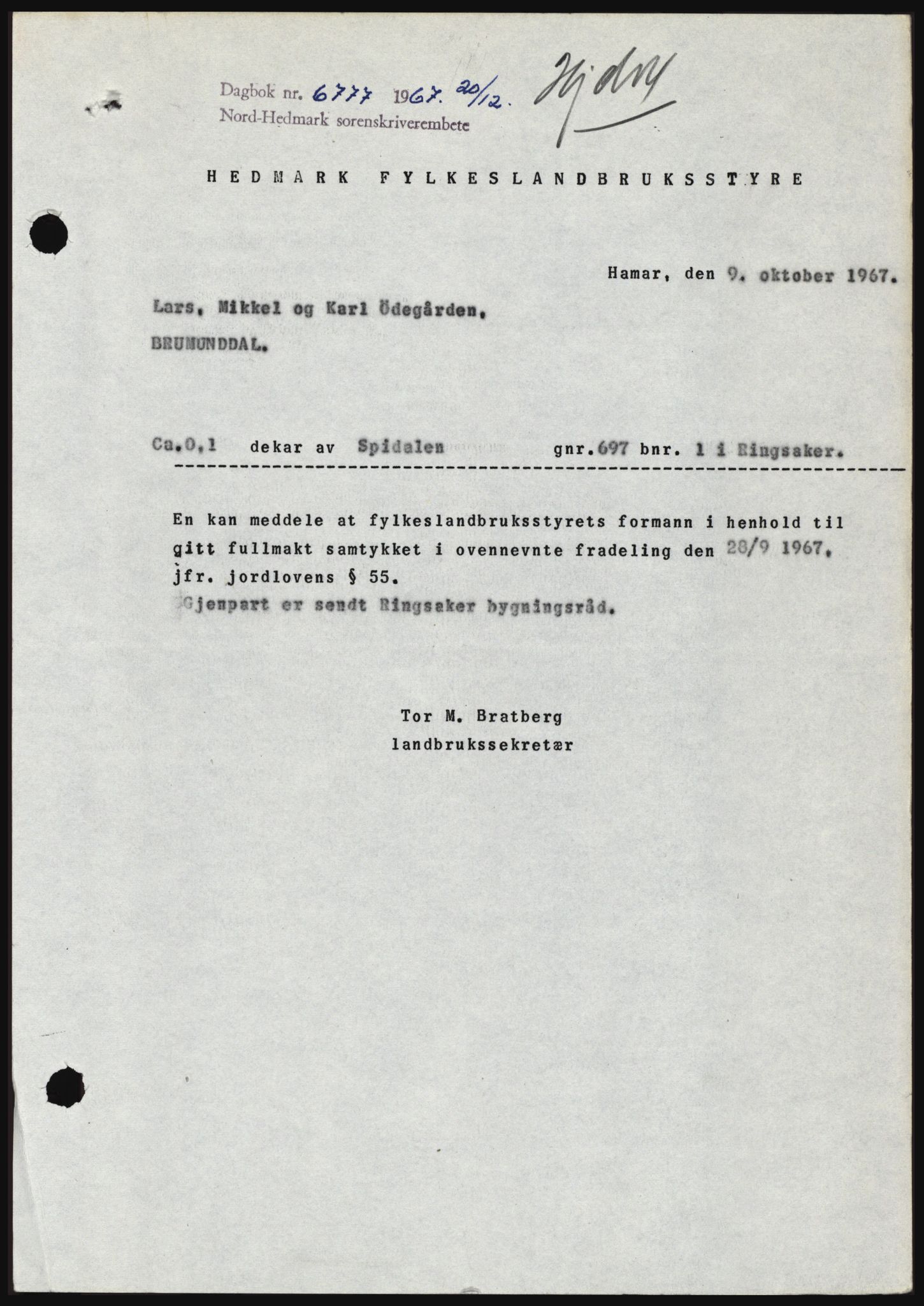 Nord-Hedmark sorenskriveri, SAH/TING-012/H/Hc/L0027: Mortgage book no. 27, 1967-1968, Diary no: : 6777/1967