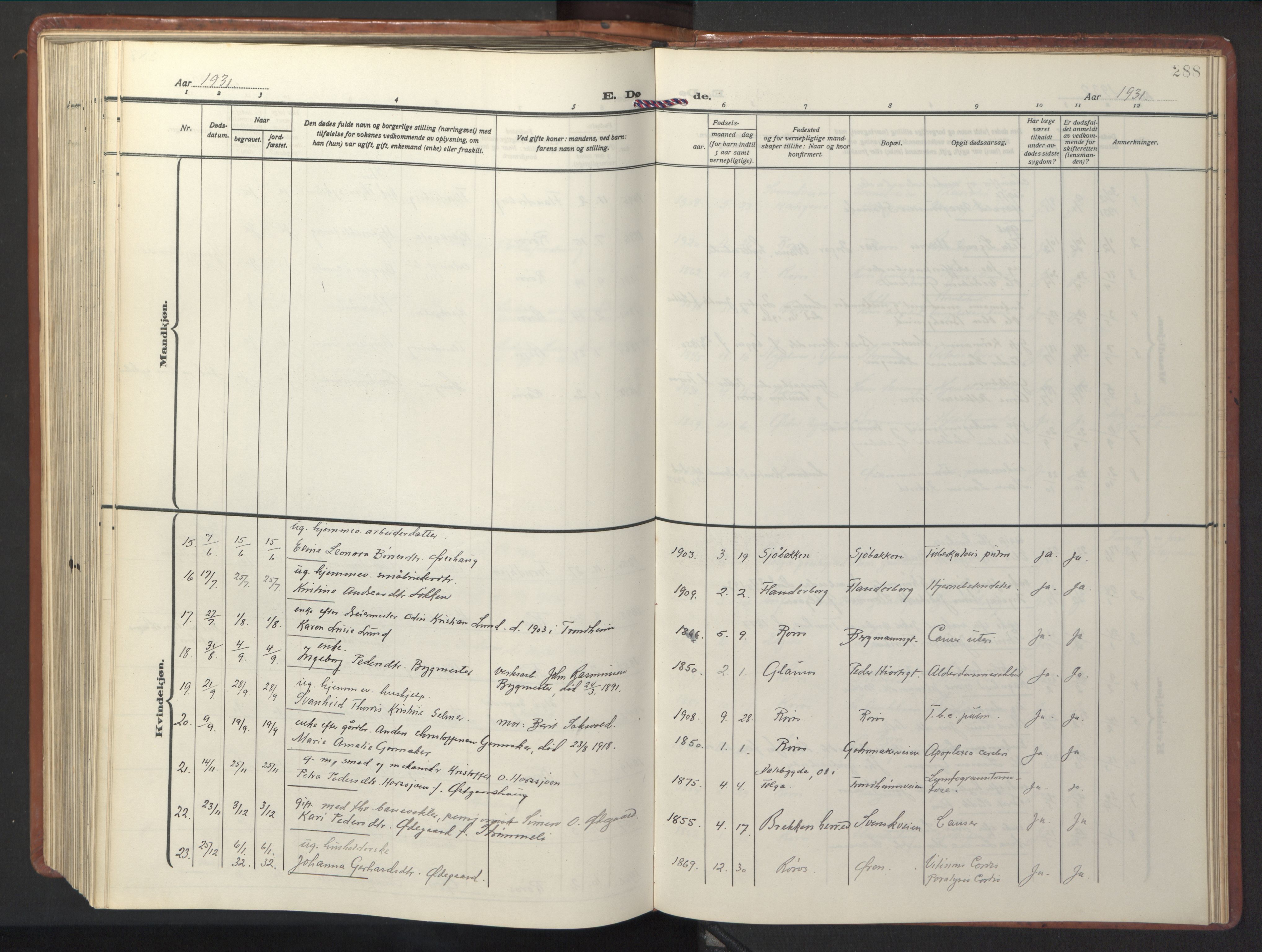 Ministerialprotokoller, klokkerbøker og fødselsregistre - Sør-Trøndelag, SAT/A-1456/681/L0943: Parish register (copy) no. 681C07, 1926-1954, p. 288