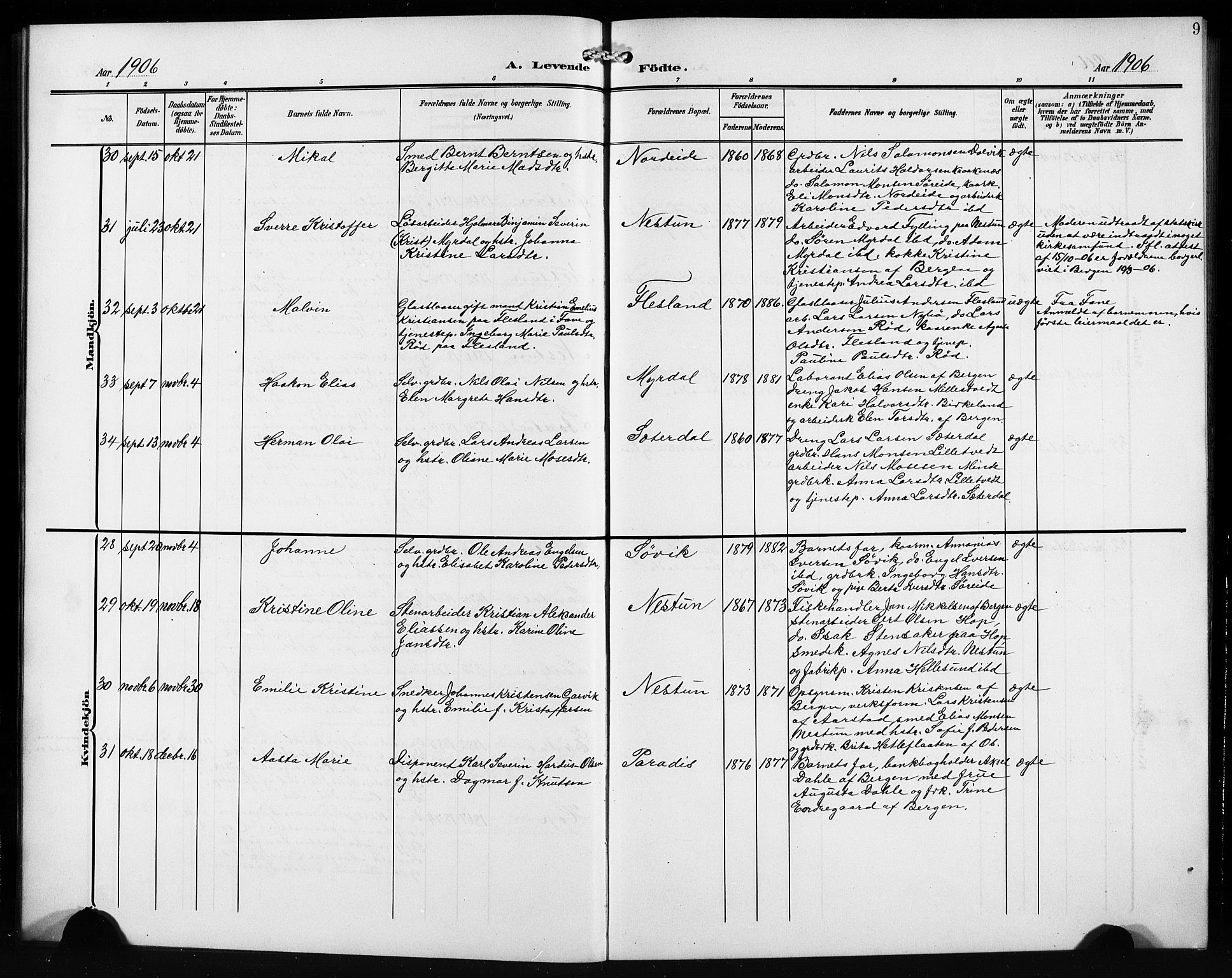 Birkeland Sokneprestembete, AV/SAB-A-74601/H/Hab: Parish register (copy) no. A 6, 1906-1915, p. 9