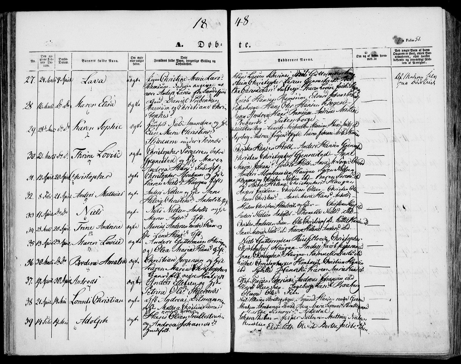 Stokke kirkebøker, AV/SAKO-A-320/F/Fa/L0007: Parish register (official) no. I 7, 1844-1857, p. 51