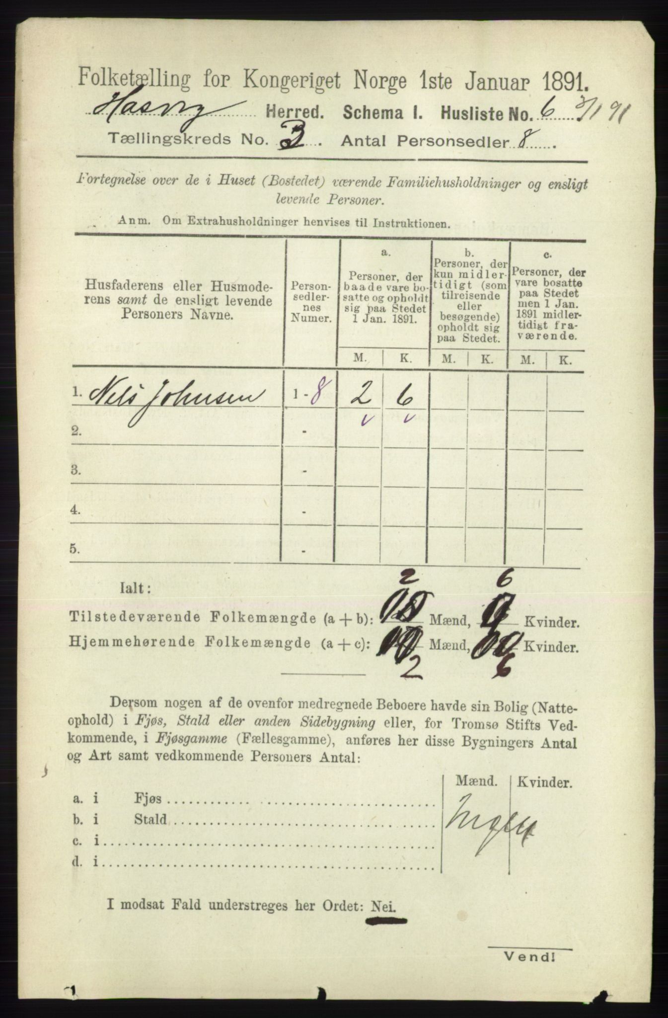 RA, 1891 census for 2015 Hasvik, 1891, p. 394