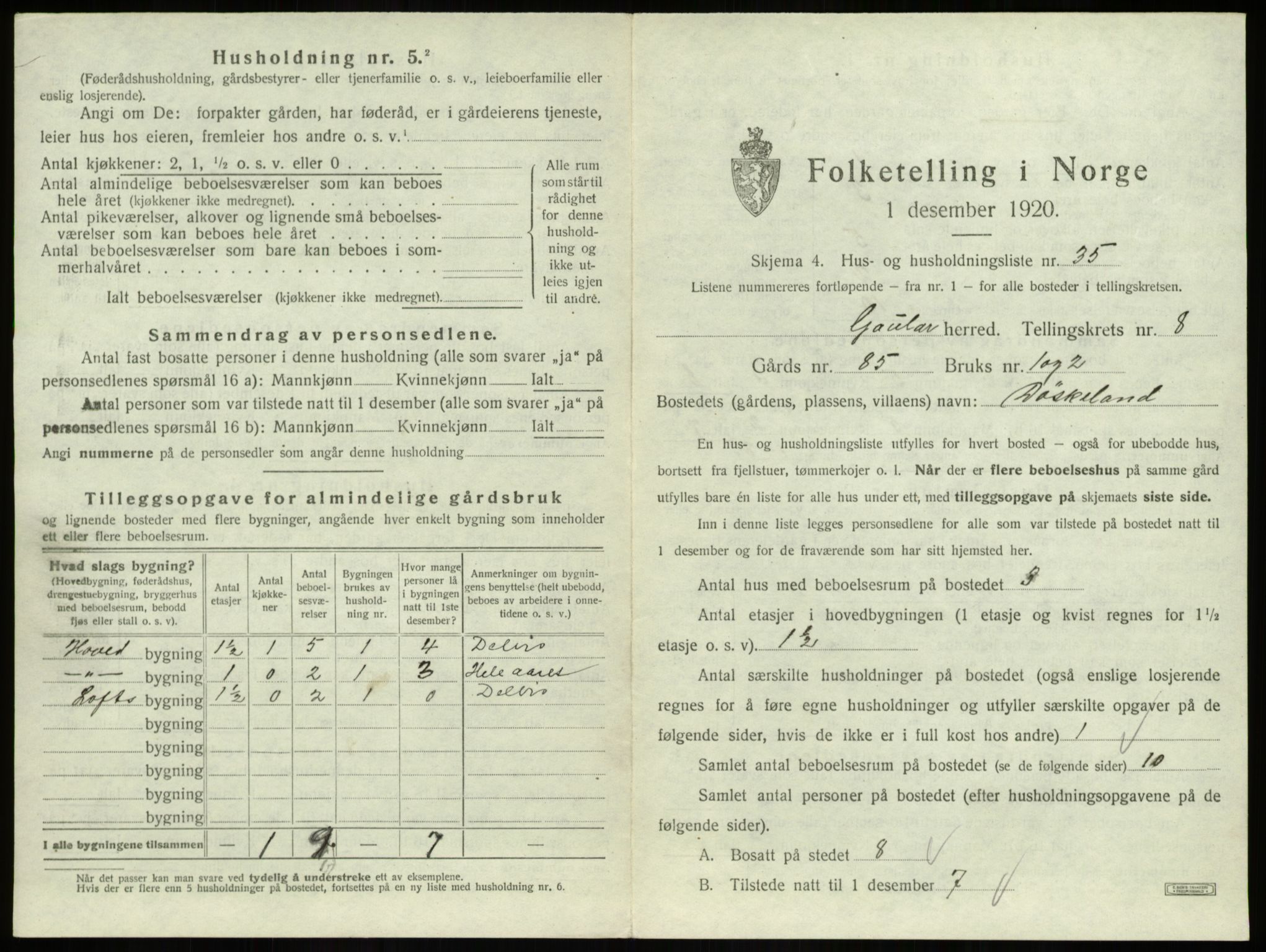 SAB, 1920 census for Gaular, 1920, p. 601