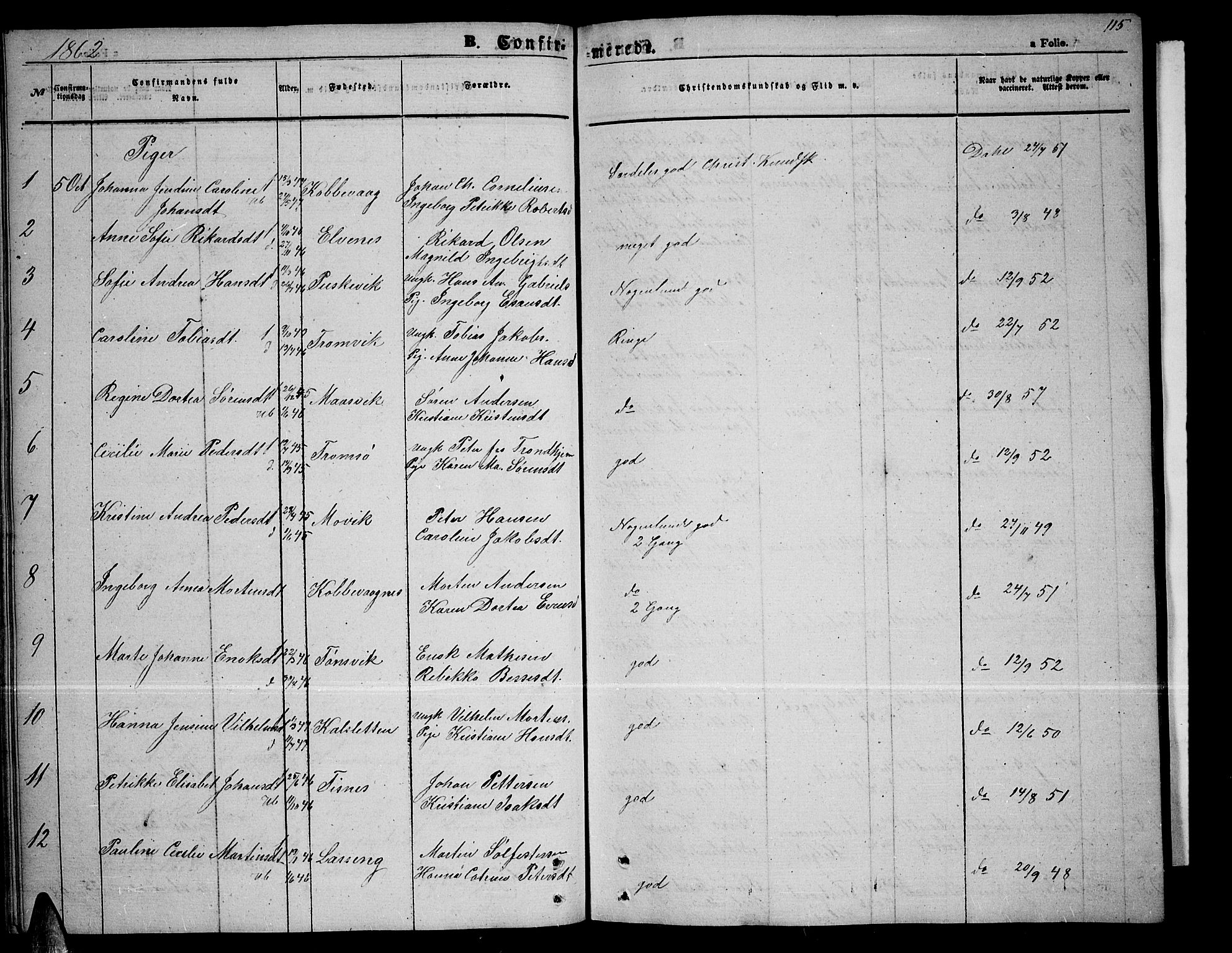 Tromsøysund sokneprestkontor, AV/SATØ-S-1304/G/Gb/L0001klokker: Parish register (copy) no. 1, 1857-1869, p. 115