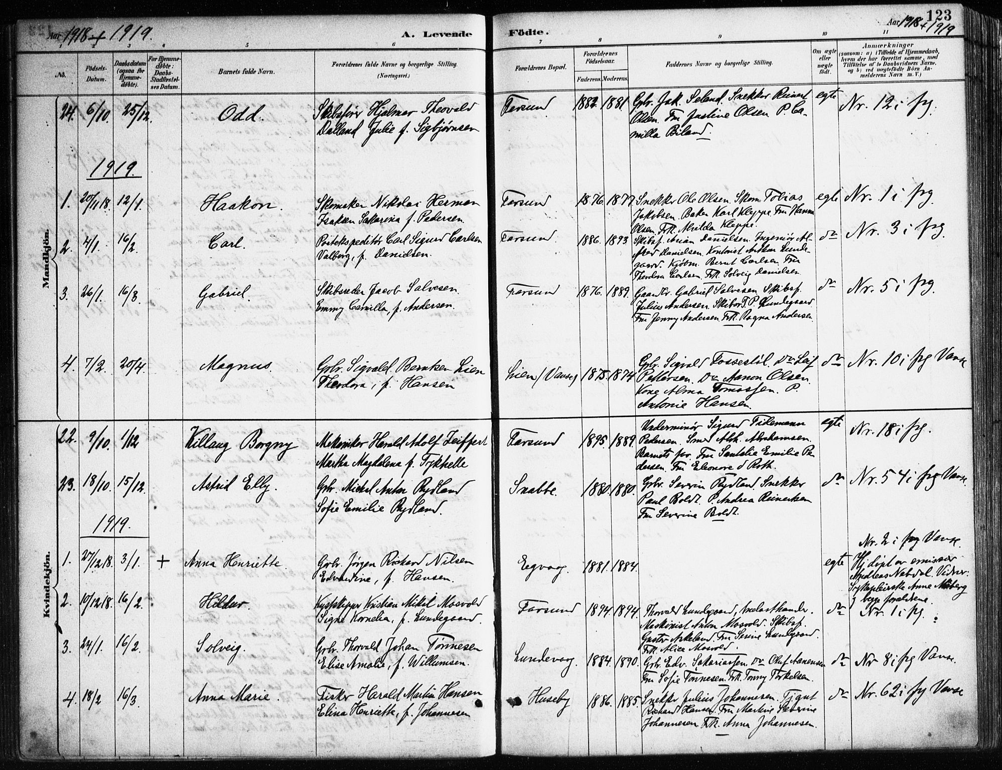 Farsund sokneprestkontor, SAK/1111-0009/F/Fa/L0006: Parish register (official) no. A 6, 1887-1920, p. 123