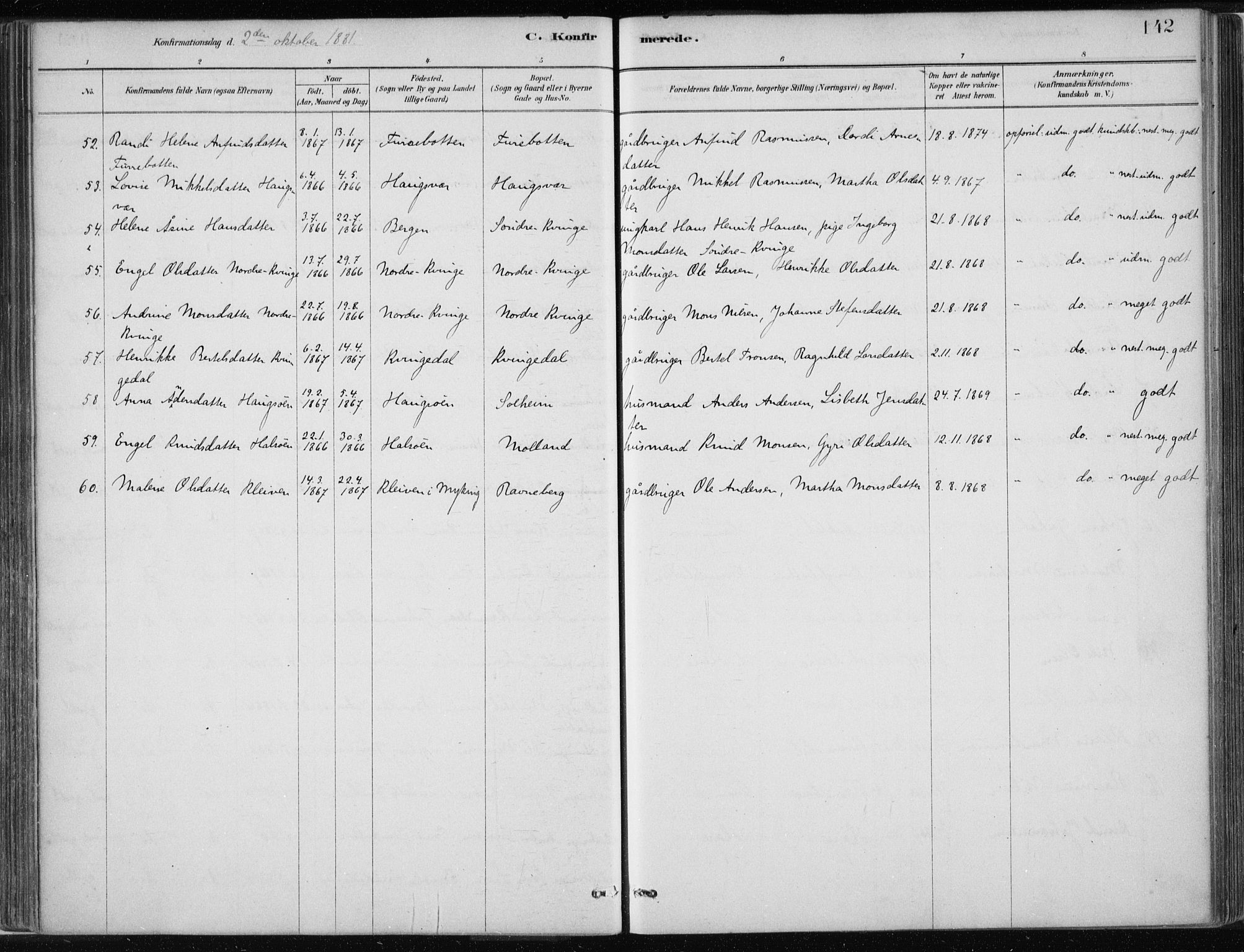 Masfjorden Sokneprestembete, SAB/A-77001: Parish register (official) no. B  1, 1876-1899, p. 142