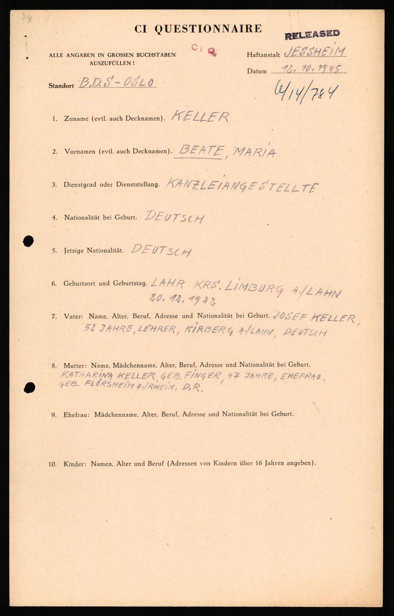 Forsvaret, Forsvarets overkommando II, AV/RA-RAFA-3915/D/Db/L0016: CI Questionaires. Tyske okkupasjonsstyrker i Norge. Tyskere., 1945-1946, p. 25