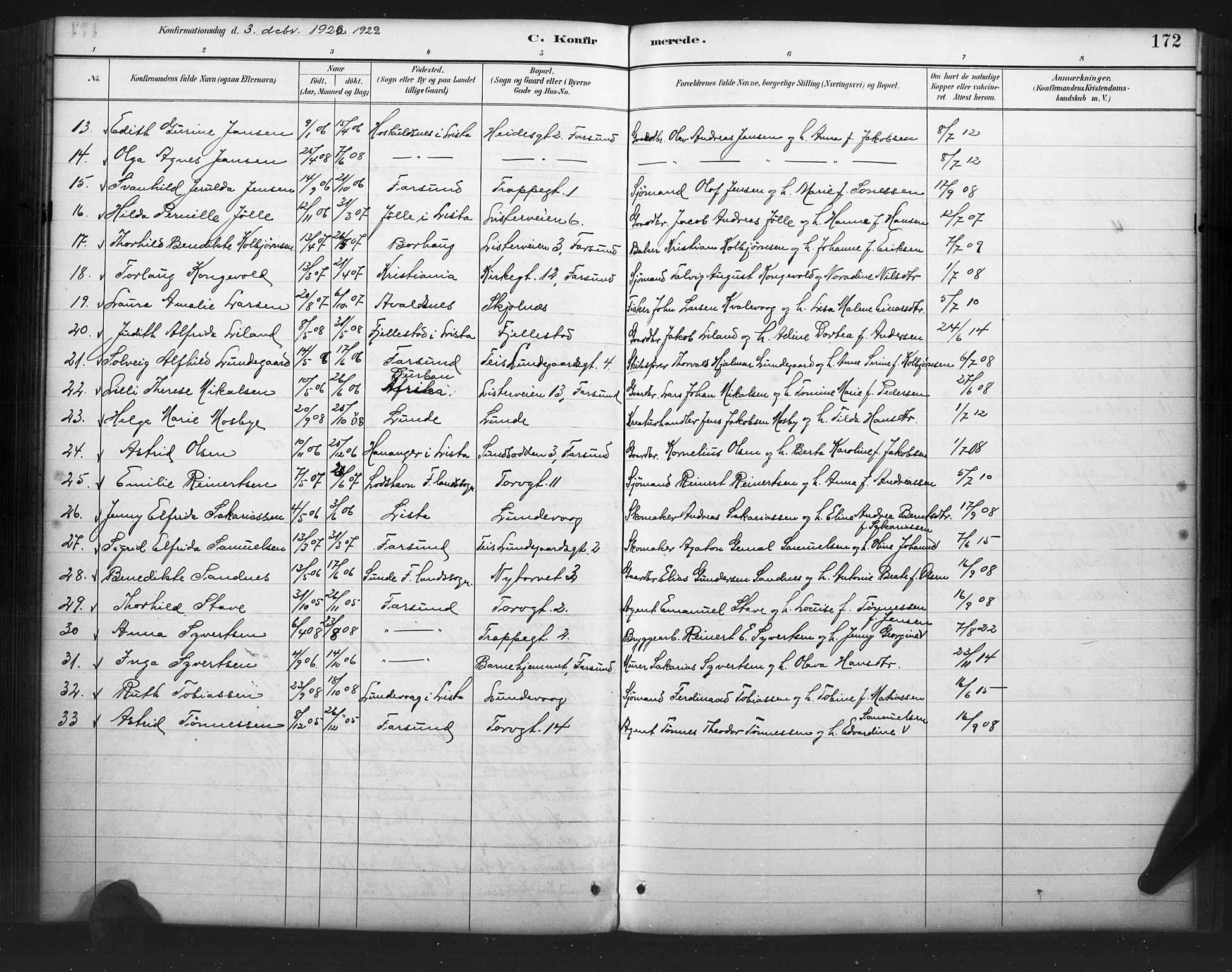 Farsund sokneprestkontor, SAK/1111-0009/F/Fb/L0001: Parish register (copy) no. B 1, 1886-1931, p. 172