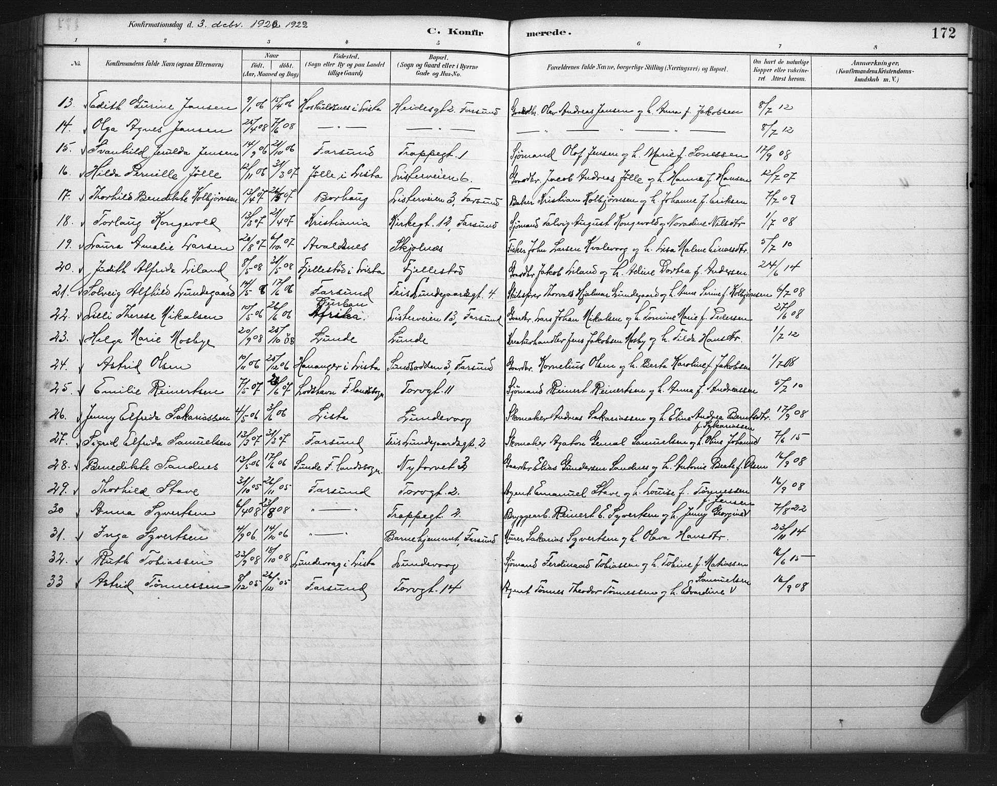 Farsund sokneprestkontor, AV/SAK-1111-0009/F/Fb/L0001: Parish register (copy) no. B 1, 1886-1931, p. 172